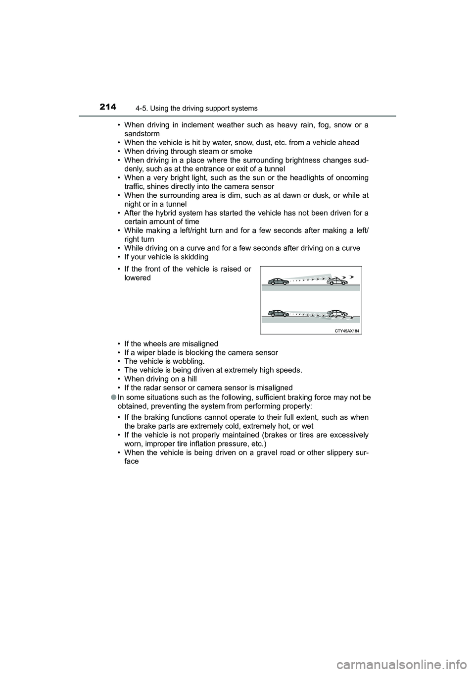 TOYOTA PRIUS V 2018  Owners Manual 214
PRIUS v_OM_OM47B78U_(U)
4-5. Using the driving support systems
• When driving in inclement weather such as heavy rain, fog, snow or asandstorm
• When the vehicle is hit by water, snow, dust, e