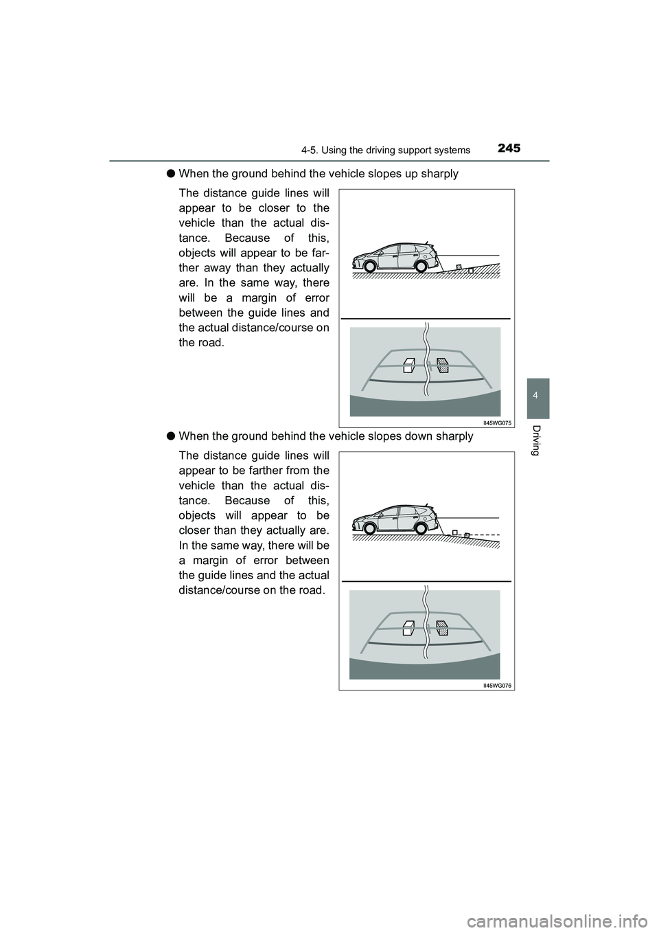TOYOTA PRIUS V 2018  Owners Manual PRIUS v_OM_OM47B78U_(U)
2454-5. Using the driving support systems
4
Driving
●When the ground behind the vehicle slopes up sharply
The distance guide lines will
appear to be closer to the
vehicle tha