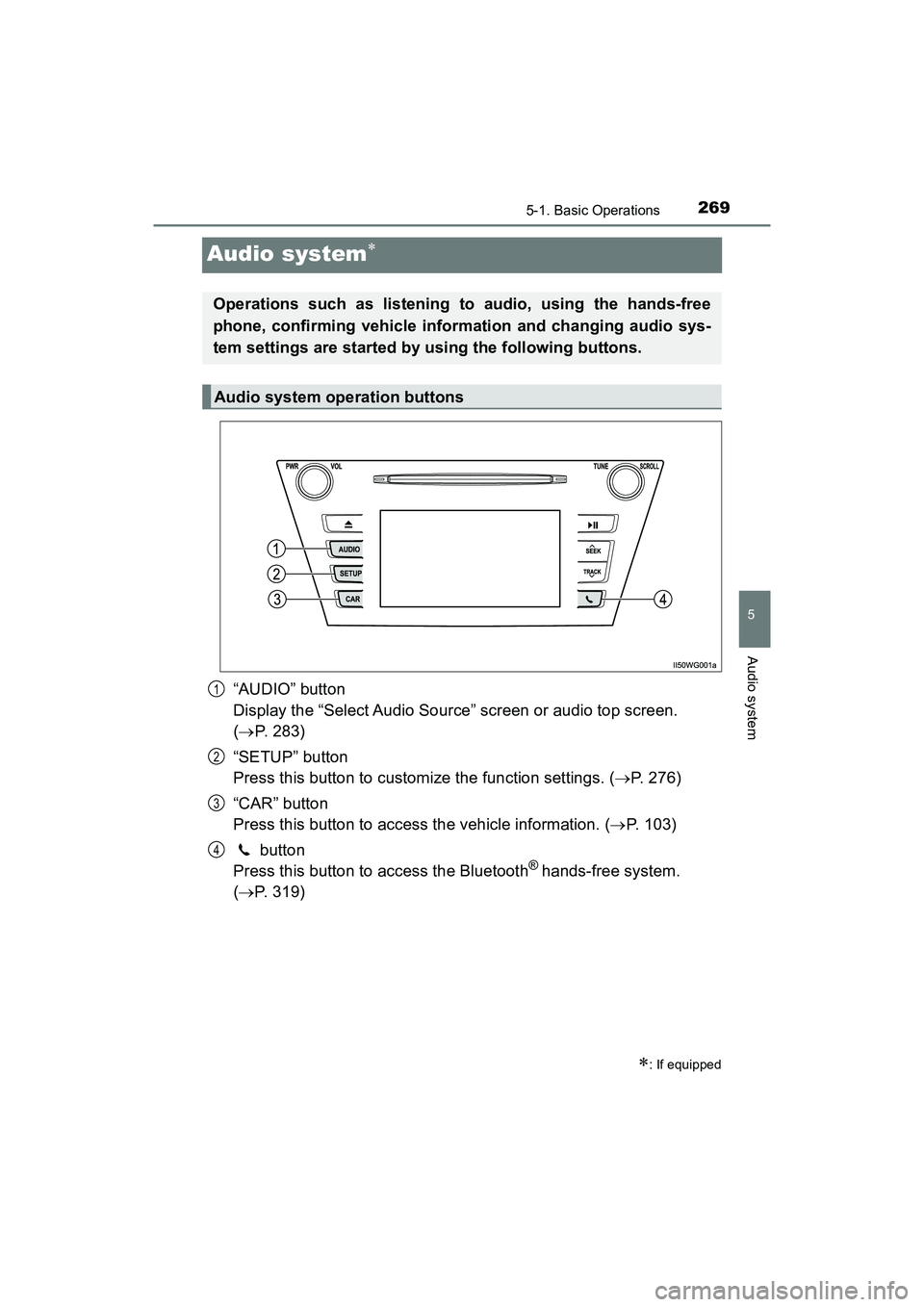 TOYOTA PRIUS V 2018  Owners Manual 269
PRIUS v_OM_OM47B78U_(U)
5-1. Basic Operations
5
Audio system
Audio system
“AUDIO” button 
Display the “Select Audio Source” screen or audio top screen. 
(P. 283)
“SETUP” button 
