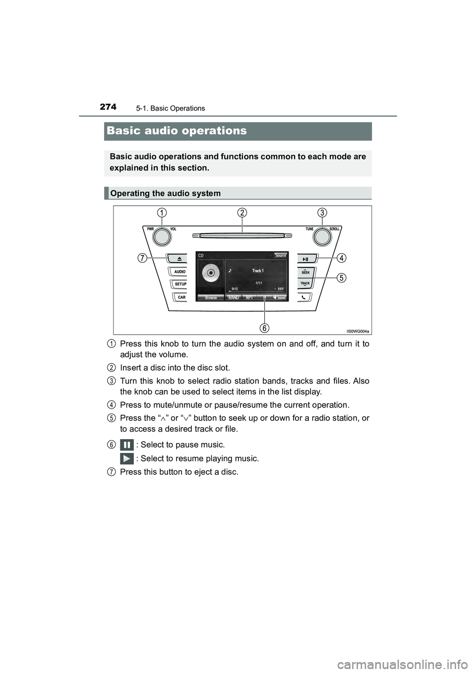 TOYOTA PRIUS V 2018  Owners Manual 274
PRIUS v_OM_OM47B78U_(U)
5-1. Basic Operations
Basic audio operations
Press this knob to turn the audio system on and off, and turn it to
adjust the volume.
Insert a disc into the disc slot.
Turn t