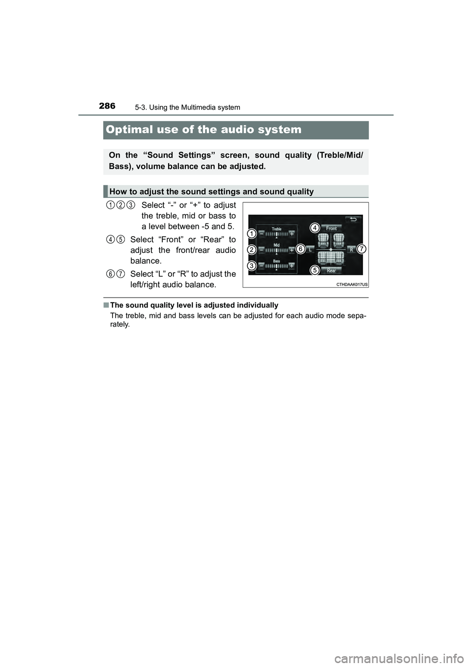 TOYOTA PRIUS V 2018  Owners Manual 286
PRIUS v_OM_OM47B78U_(U)
5-3. Using the Multimedia system
Optimal use of the audio system
Select “-” or “+” to adjust
the treble, mid or bass to
a level between -5 and 5.
Select “Front”
