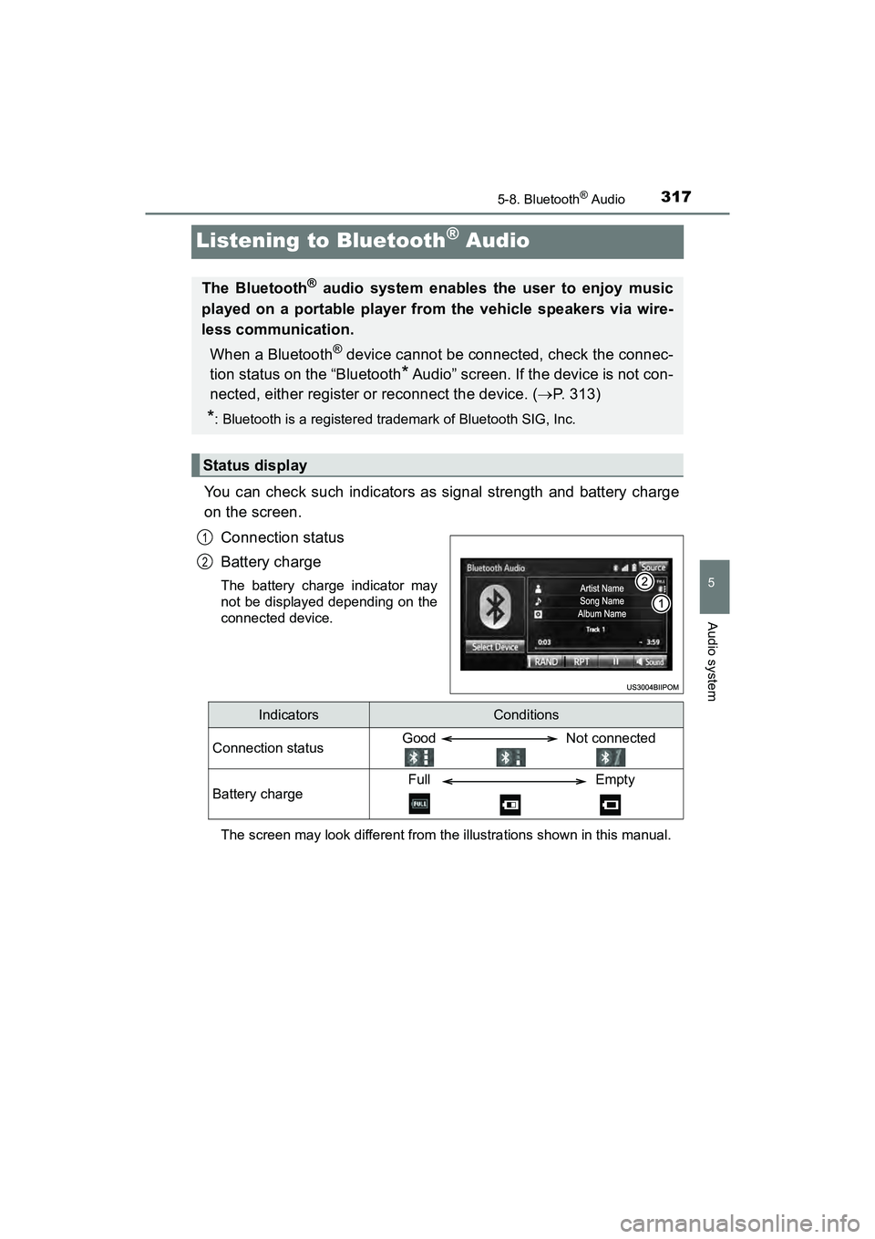 TOYOTA PRIUS V 2018  Owners Manual 317
PRIUS v_OM_OM47B78U_(U)
5-8. Bluetooth® Audio
5
Audio system
Listening to Bluetooth® Audio
You can check such indicators as signal strength and battery charge
on the screen.Connection status
Bat