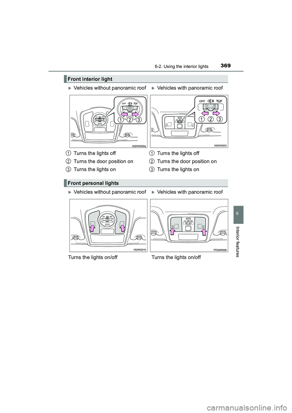 TOYOTA PRIUS V 2018  Owners Manual PRIUS v_OM_OM47B78U_(U)
3696-2. Using the interior lights
6
Interior features
Front interior light
Vehicles without panoramic roofVehicles with panoramic roof
Turns the lights off
Turns the door