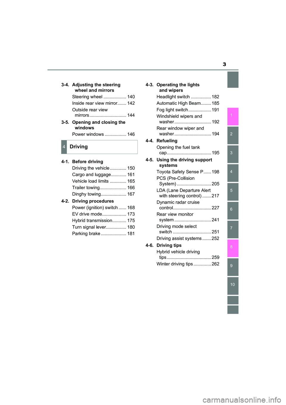 TOYOTA PRIUS V 2018 Owners Manual 3
1
9 8
7
6 4 3
2
PRIUS v_OM_OM47B78U_(U)
10
5
3-4. Adjusting the steering wheel and mirrors
Steering wheel .................. 140
Inside rear view mirror....... 142
Outside rear view mirrors ....... TOYOTA PRIUS V 2018 Owners Manual 3
1
9 8
7
6 4 3
2
PRIUS v_OM_OM47B78U_(U)
10
5
3-4. Adjusting the steering wheel and mirrors
Steering wheel .................. 140
Inside rear view mirror....... 142
Outside rear view mirrors .......