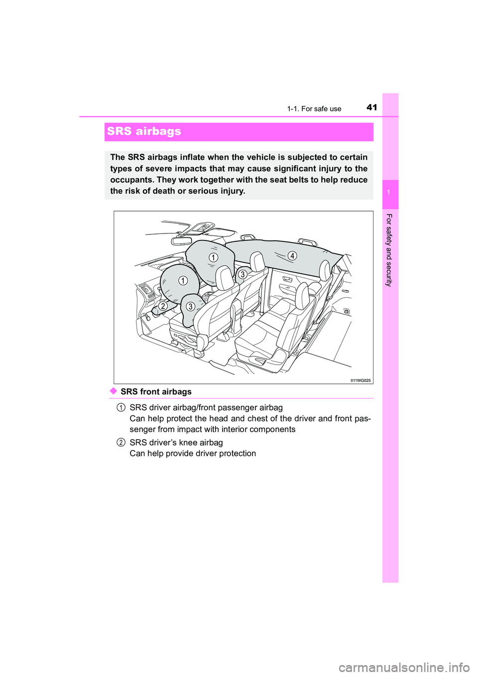 TOYOTA PRIUS V 2018 Service Manual 411-1. For safe use
PRIUS v_OM_OM47B78U_(U)
1
For safety and security
SRS airbags
◆SRS front airbagsSRS driver airbag/front passenger airbag
Can help protect the head and chest of the driver and fro
