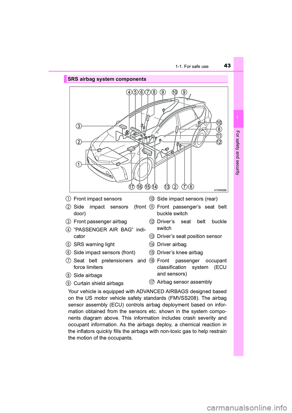 TOYOTA PRIUS V 2018  Owners Manual 431-1. For safe use
PRIUS v_OM_OM47B78U_(U)
1
For safety and security
Your vehicle is equipped with ADVANCED AIRBAGS designed based
on the US motor vehicle safety standards (FMVSS208). The airbag
sens