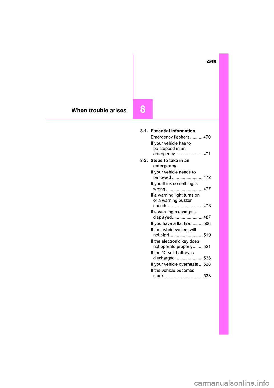TOYOTA PRIUS V 2018 Owners Manual 469
PRIUS v_OM_OM47B78U_(U)
8When trouble arises
8-1. Essential informationEmergency flashers .......... 470
If your vehicle has to be stopped in an
emergency ...................... 471
8-2. Steps to TOYOTA PRIUS V 2018 Owners Manual 469
PRIUS v_OM_OM47B78U_(U)
8When trouble arises
8-1. Essential informationEmergency flashers .......... 470
If your vehicle has to be stopped in an
emergency ...................... 471
8-2. Steps to