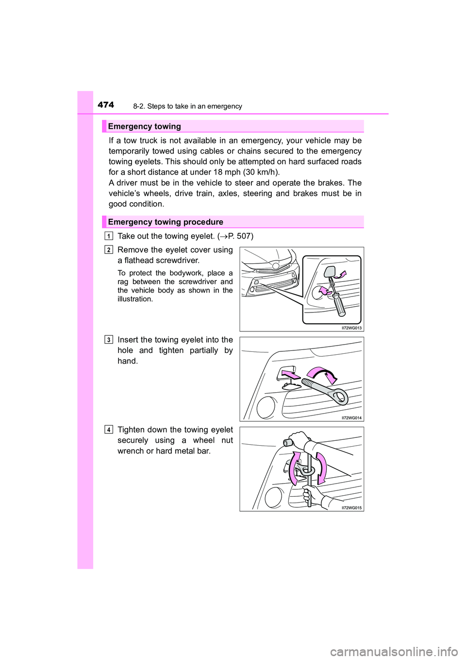 TOYOTA PRIUS V 2018 Owners Manual 4748-2. Steps to take in an emergency
PRIUS v_OM_OM47B78U_(U)
If a tow truck is not available in an emergency, your vehicle may be
temporarily towed using cables or chains secured to the emergency
tow TOYOTA PRIUS V 2018 Owners Manual 4748-2. Steps to take in an emergency
PRIUS v_OM_OM47B78U_(U)
If a tow truck is not available in an emergency, your vehicle may be
temporarily towed using cables or chains secured to the emergency
tow