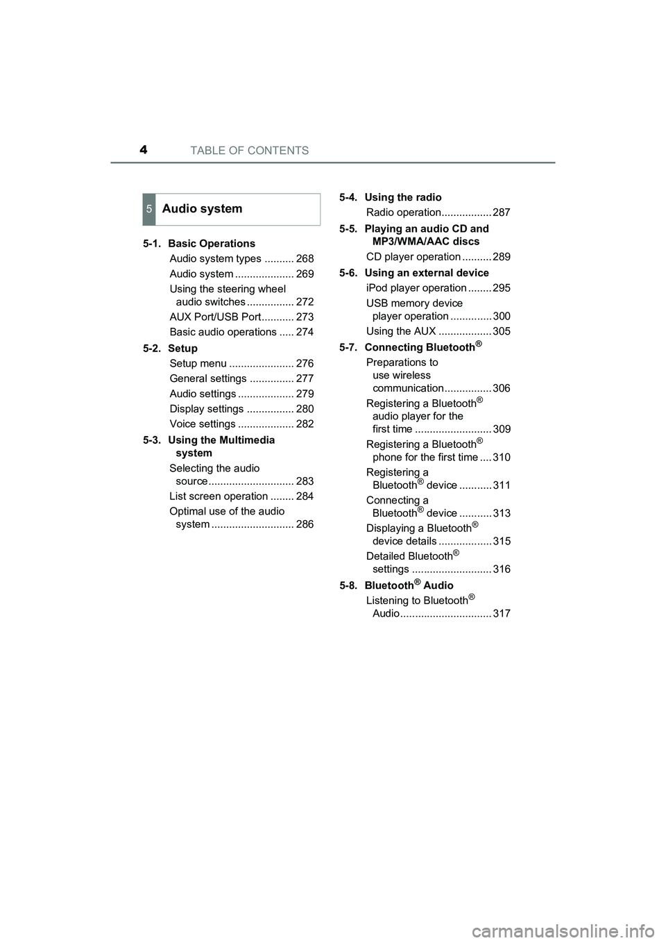 TOYOTA PRIUS V 2018  Owners Manual TABLE OF CONTENTS4
PRIUS v_OM_OM47B78U_(U)5-1. Basic Operations
Audio system types .......... 268
Audio system .................... 269
Using the steering wheel audio switches ................ 272
AUX