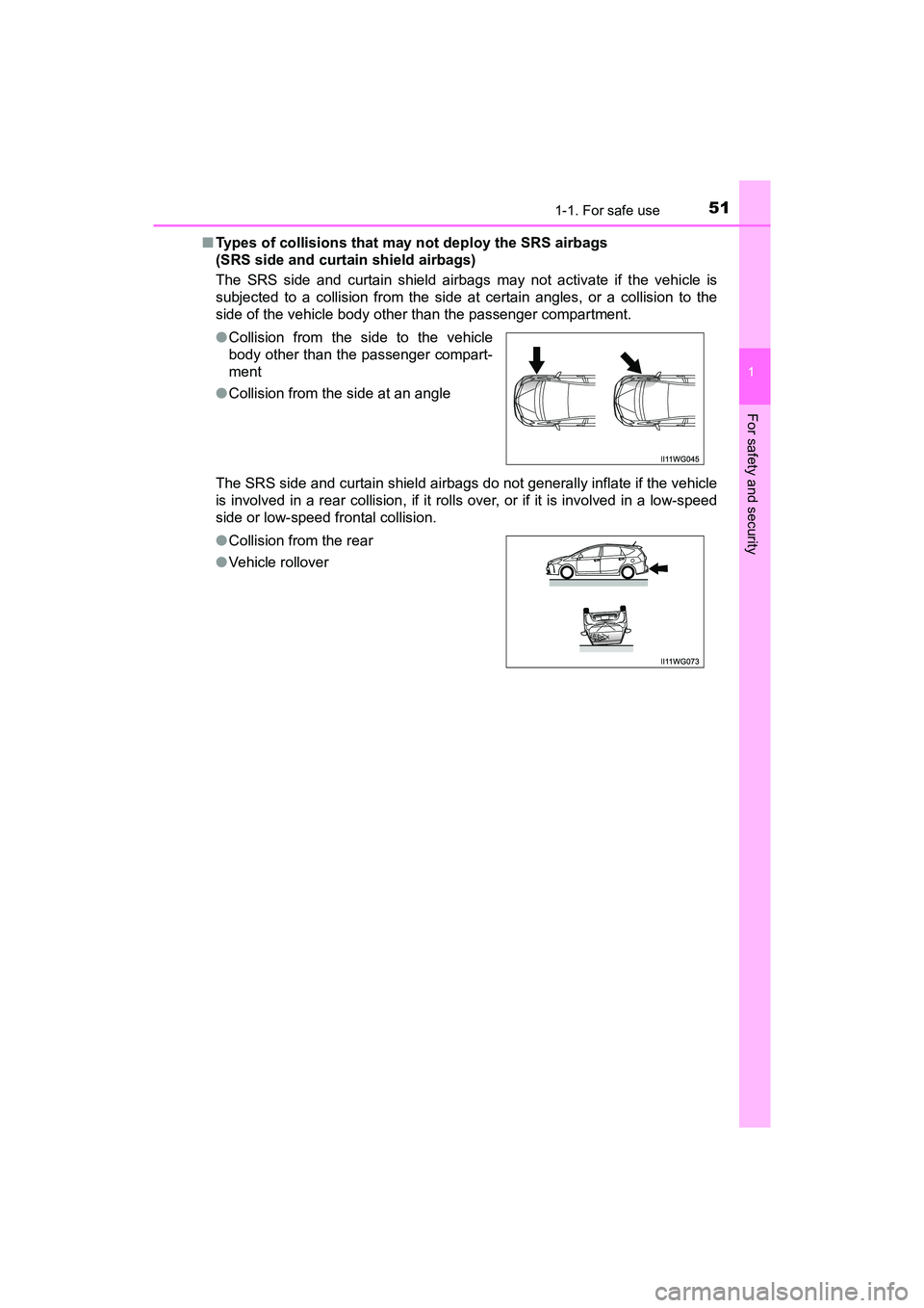 TOYOTA PRIUS V 2018 Workshop Manual 511-1. For safe use
PRIUS v_OM_OM47B78U_(U)
1
For safety and security
■Types of collisions that m ay not deploy the SRS airbags 
(SRS side and curtain shield airbags)
The SRS side and curtain shield