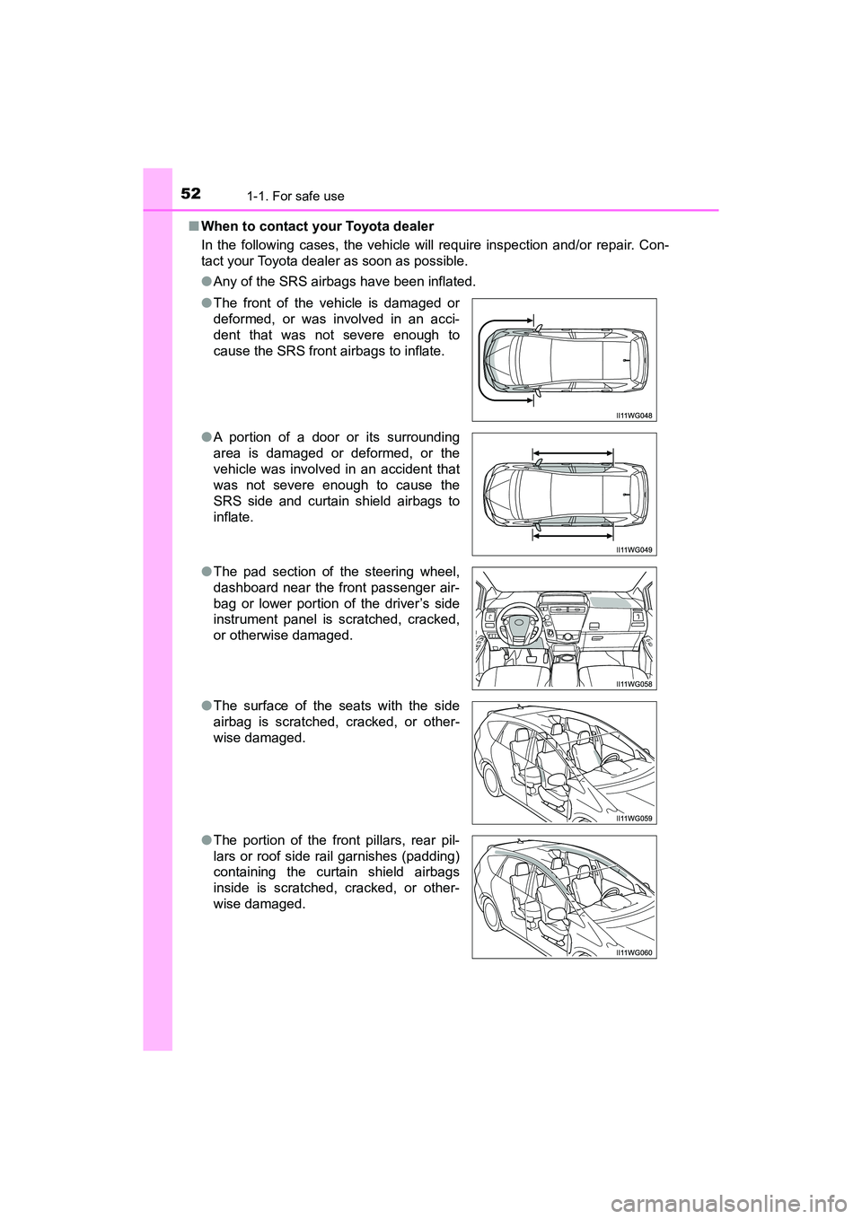 TOYOTA PRIUS V 2018 Workshop Manual 521-1. For safe use
PRIUS v_OM_OM47B78U_(U)■
When to contact your Toyota dealer
In the following cases, the vehicle will require inspection and/or repair. Con-
tact your Toyota dealer as soon as pos