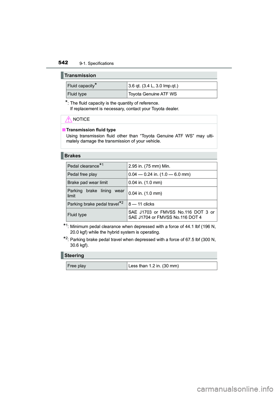 TOYOTA PRIUS V 2018 Owners Manual 542
PRIUS v_OM_OM47B78U_(U)
9-1. Specifications
*: The fluid capacity is the quantity of reference.If replacement is necessary, contact your Toyota dealer.
*1: Minimum pedal clearance when depressed w TOYOTA PRIUS V 2018 Owners Manual 542
PRIUS v_OM_OM47B78U_(U)
9-1. Specifications
*: The fluid capacity is the quantity of reference.If replacement is necessary, contact your Toyota dealer.
*1: Minimum pedal clearance when depressed w