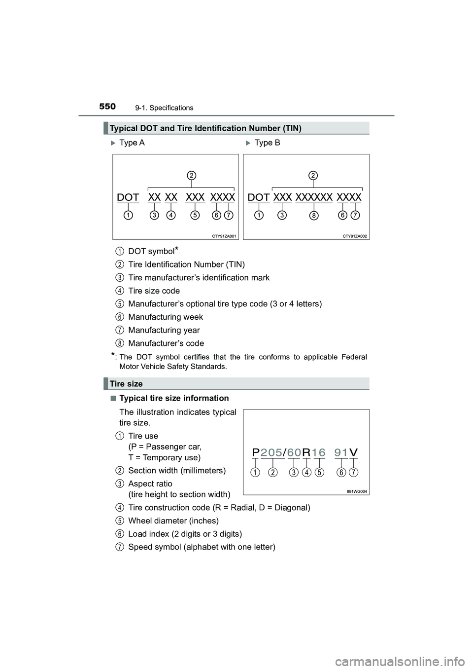 TOYOTA PRIUS V 2018 Owners Manual 550
PRIUS v_OM_OM47B78U_(U)
9-1. Specifications
DOT symbol*
Tire Identification Number (TIN)
Tire manufacturer’s identification mark
Tire size code
Manufacturer’s optional tire type code (3 or 4 l TOYOTA PRIUS V 2018 Owners Manual 550
PRIUS v_OM_OM47B78U_(U)
9-1. Specifications
DOT symbol*
Tire Identification Number (TIN)
Tire manufacturer’s identification mark
Tire size code
Manufacturer’s optional tire type code (3 or 4 l