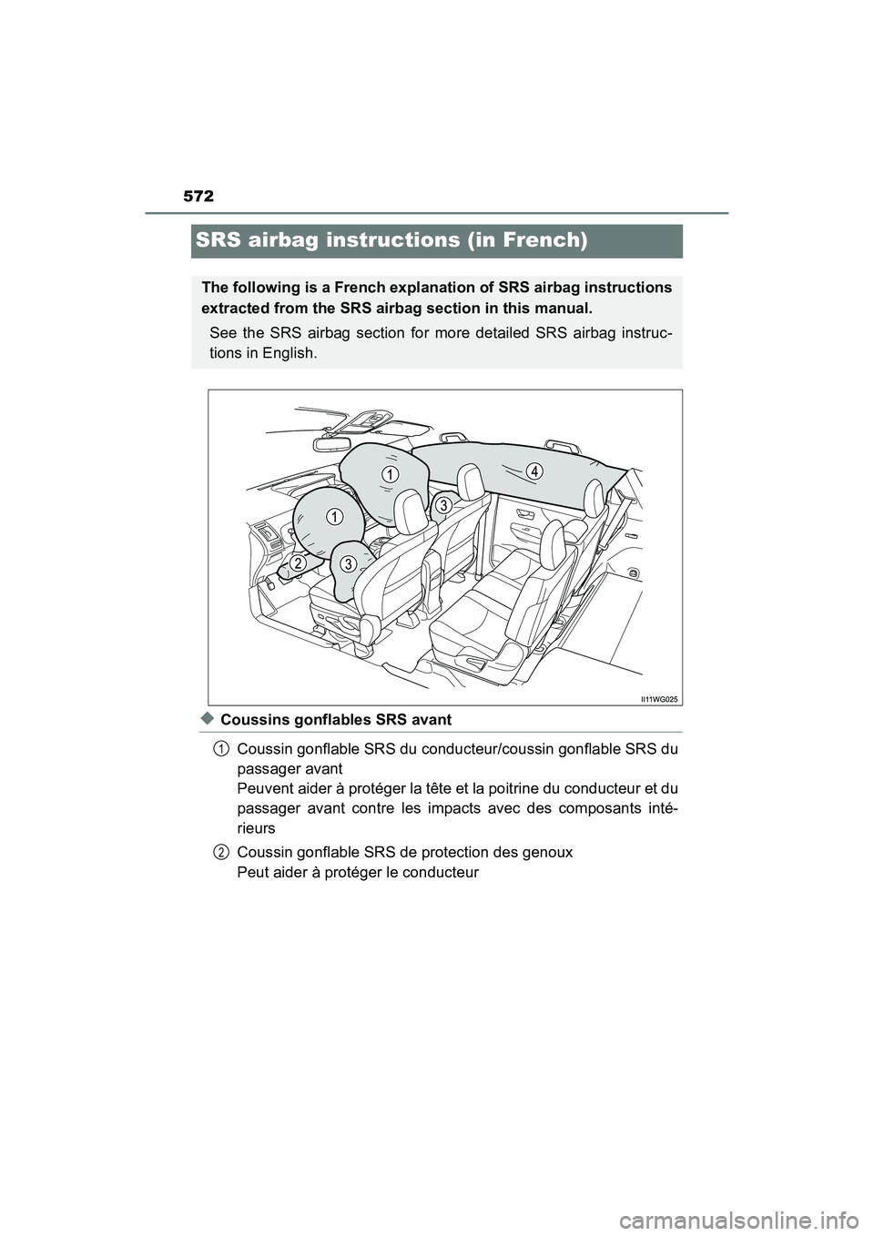 TOYOTA PRIUS V 2018 Owners Manual 572
PRIUS v_OM_OM47B78U_(U)
SRS airbag instructions (in French)
◆Coussins gonflables SRS avantCoussin gonflable SRS du conducteur/coussin gonflable SRS du
passager avant
Peuvent aider à protéger TOYOTA PRIUS V 2018 Owners Manual 572
PRIUS v_OM_OM47B78U_(U)
SRS airbag instructions (in French)
◆Coussins gonflables SRS avantCoussin gonflable SRS du conducteur/coussin gonflable SRS du
passager avant
Peuvent aider à protéger