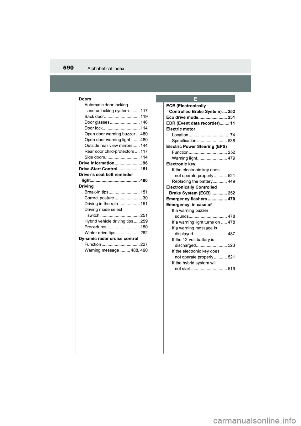 TOYOTA PRIUS V 2018 Owners Manual 590Alphabetical index
PRIUS v_OM_OM47B78U_(U)
DoorsAutomatic door locking and unlocking system ......... 117
Back door.............................. 119
Door glasses ......................... 146
Door TOYOTA PRIUS V 2018 Owners Manual 590Alphabetical index
PRIUS v_OM_OM47B78U_(U)
DoorsAutomatic door locking and unlocking system ......... 117
Back door.............................. 119
Door glasses ......................... 146
Door