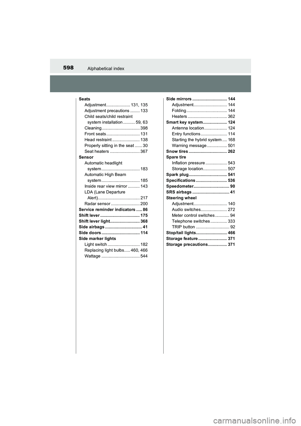 TOYOTA PRIUS V 2018 Owners Manual 598Alphabetical index
PRIUS v_OM_OM47B78U_(U)
SeatsAdjustment .................... 131, 135
Adjustment precautions ........ 133
Child seats/child restraint system installation .......... 59, 63
Cleani TOYOTA PRIUS V 2018 Owners Manual 598Alphabetical index
PRIUS v_OM_OM47B78U_(U)
SeatsAdjustment .................... 131, 135
Adjustment precautions ........ 133
Child seats/child restraint system installation .......... 59, 63
Cleani