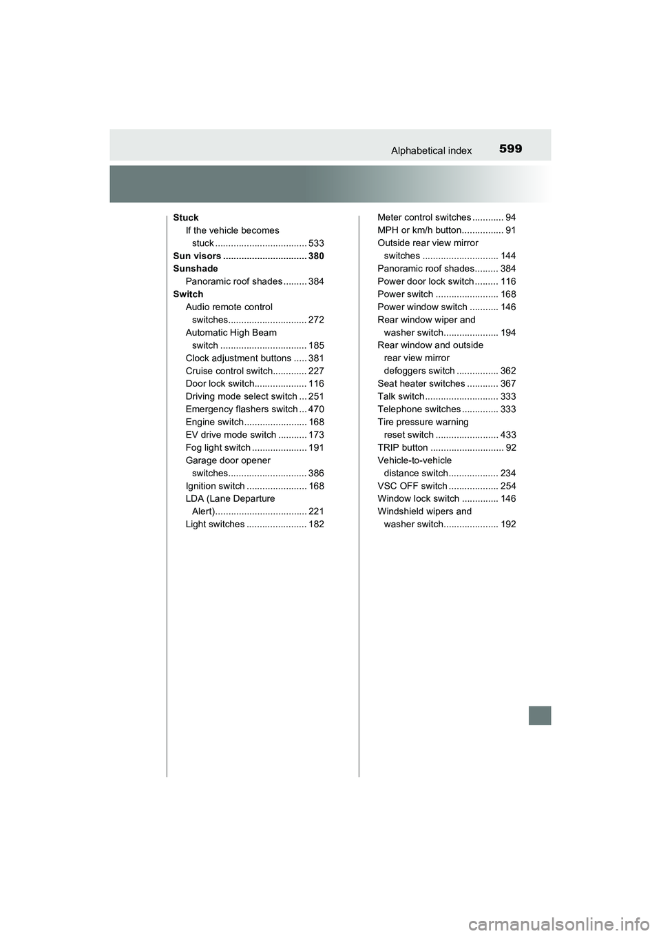 TOYOTA PRIUS V 2018 Owners Manual 599Alphabetical index
PRIUS v_OM_OM47B78U_(U)
StuckIf the vehicle becomes stuck ................................... 533
Sun visors ................................ 380
Sunshade Panoramic roof shades . TOYOTA PRIUS V 2018 Owners Manual 599Alphabetical index
PRIUS v_OM_OM47B78U_(U)
StuckIf the vehicle becomes stuck ................................... 533
Sun visors ................................ 380
Sunshade Panoramic roof shades .