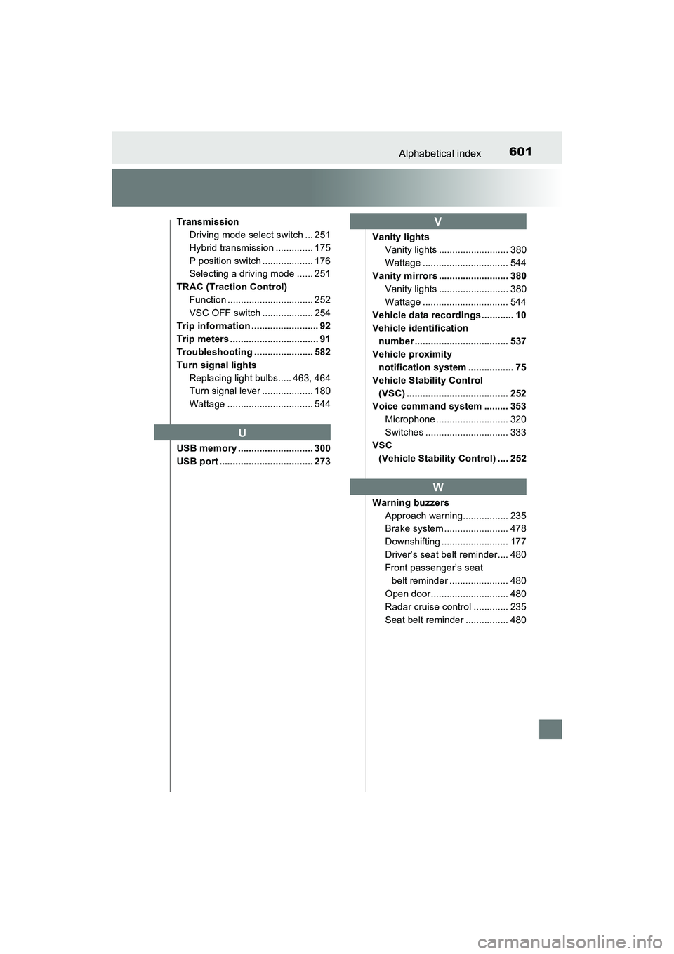 TOYOTA PRIUS V 2018 Owners Manual 601Alphabetical index
PRIUS v_OM_OM47B78U_(U)
TransmissionDriving mode select switch ... 251
Hybrid transmission .............. 175
P position switch ................... 176
Selecting a driving mode . TOYOTA PRIUS V 2018 Owners Manual 601Alphabetical index
PRIUS v_OM_OM47B78U_(U)
TransmissionDriving mode select switch ... 251
Hybrid transmission .............. 175
P position switch ................... 176
Selecting a driving mode .