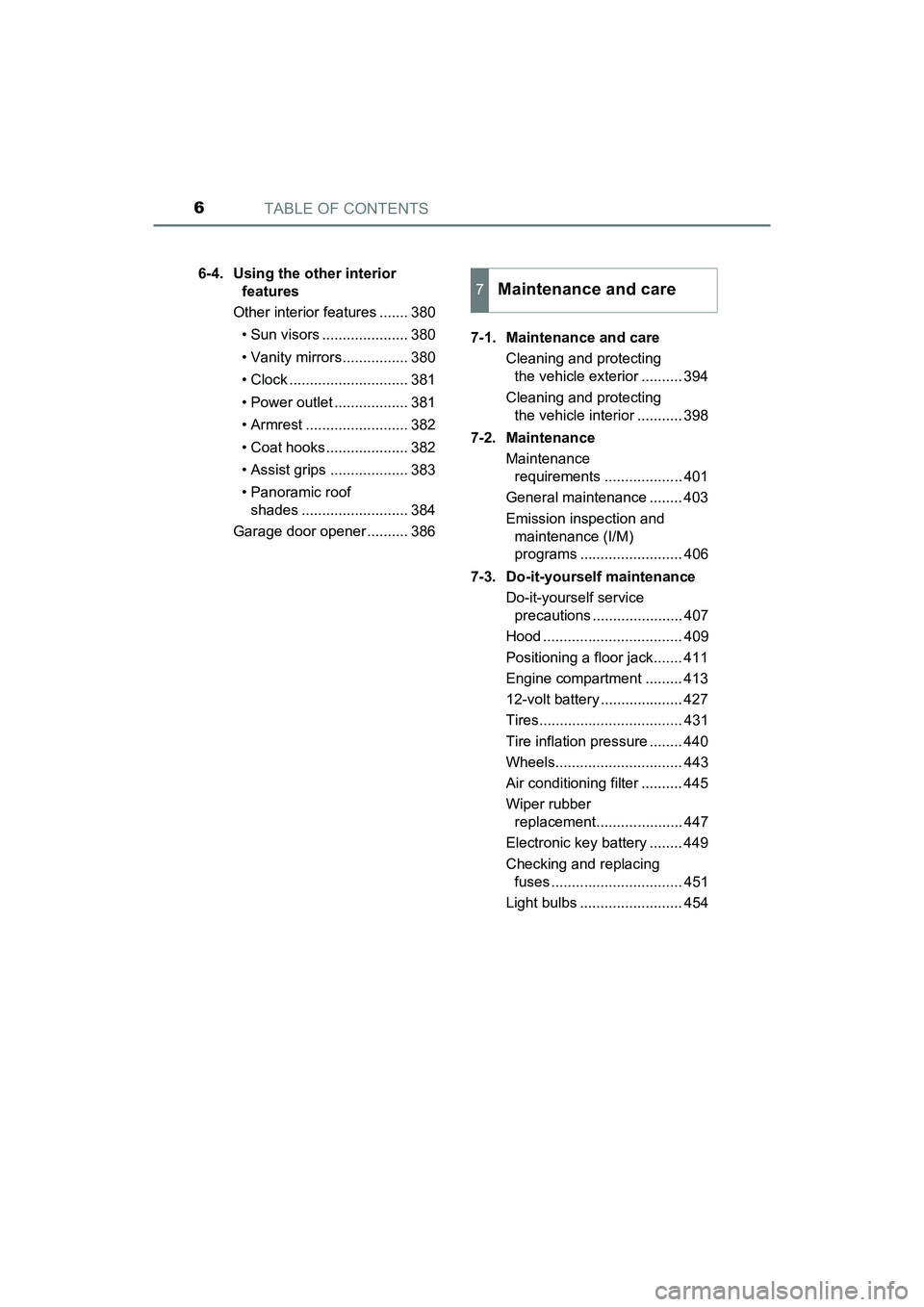 TOYOTA PRIUS V 2018  Owners Manual TABLE OF CONTENTS6
PRIUS v_OM_OM47B78U_(U)6-4. Using the other interior 
features
Other interior features ....... 380
• Sun visors ..................... 380
• Vanity mirrors................ 380
�