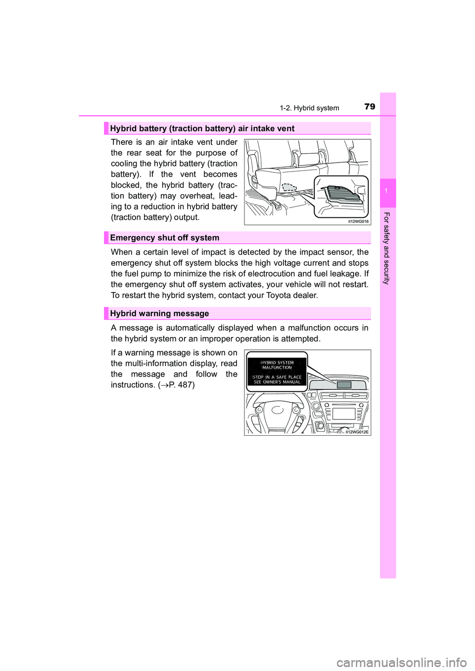 TOYOTA PRIUS V 2018  Owners Manual 791-2. Hybrid system
PRIUS v_OM_OM47B78U_(U)
1
For safety and security
There is an air intake vent under
the rear seat for the purpose of
cooling the hybrid battery (traction
battery). If the vent bec