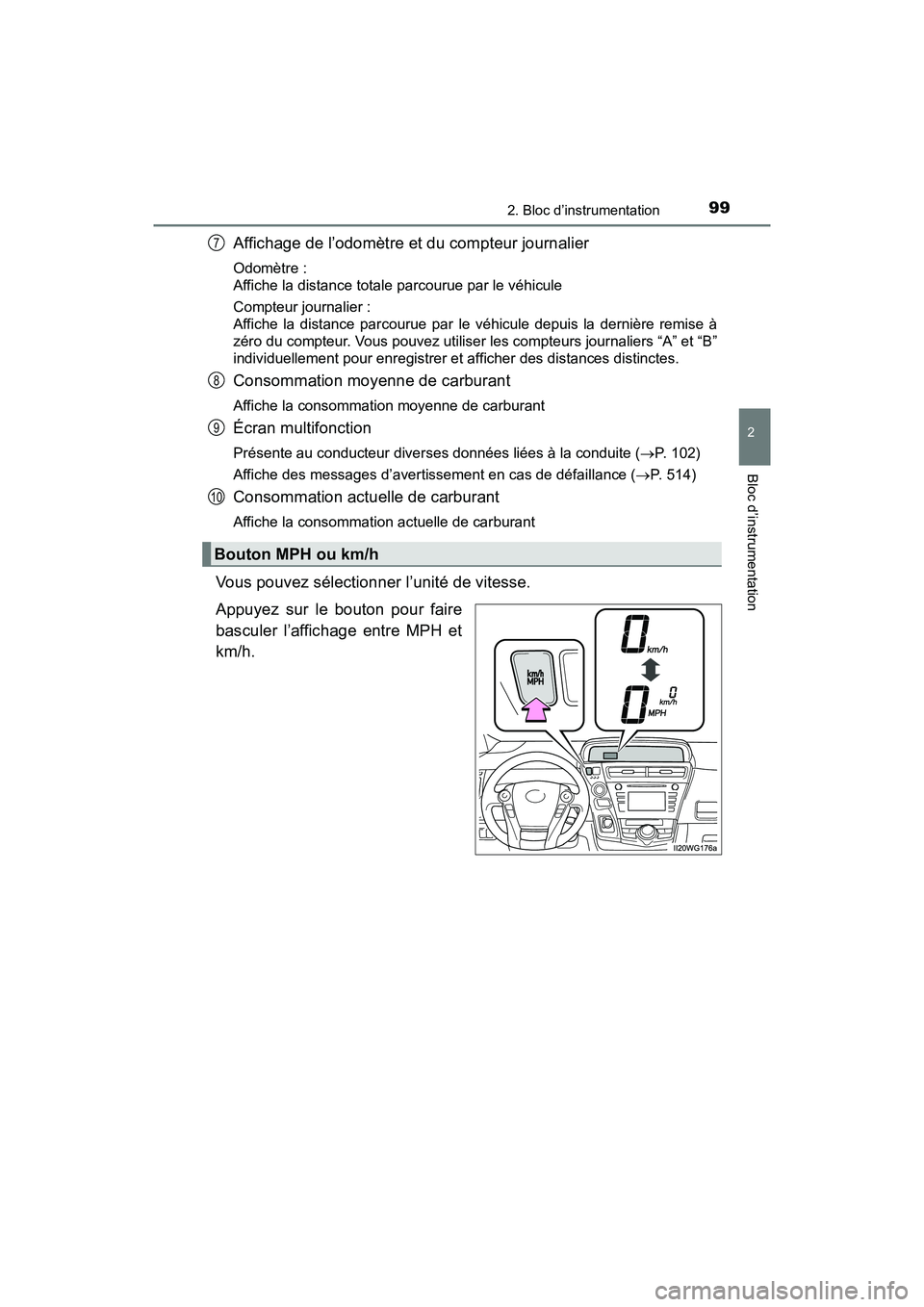 TOYOTA PRIUS V 2018 Manuel du propriétaire (in French) PRIUS v_OM_OM47B78D_(D)
992. Bloc d’instrumentation
2
Bloc d’instrumentation
Affichage de l’odomètre et du compteur journalier
Odomètre :
Affiche la distance totale parcourue par le véhicule TOYOTA PRIUS V 2018 Manuel du propriétaire (in French) PRIUS v_OM_OM47B78D_(D)
992. Bloc d’instrumentation
2
Bloc d’instrumentation
Affichage de l’odomètre et du compteur journalier
Odomètre :
Affiche la distance totale parcourue par le véhicule