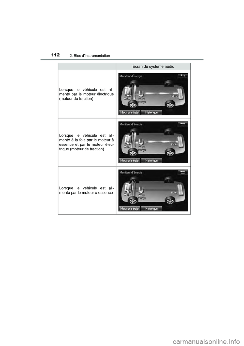 TOYOTA PRIUS V 2018  Manuel du propriétaire (in French) 112
PRIUS v_OM_OM47B78D_(D)
2. Bloc d’instrumentation
Écran du système audio
Lorsque le véhicule est ali-
menté par le moteur électrique
(moteur de traction)
Lorsque le véhicule est ali-
ment