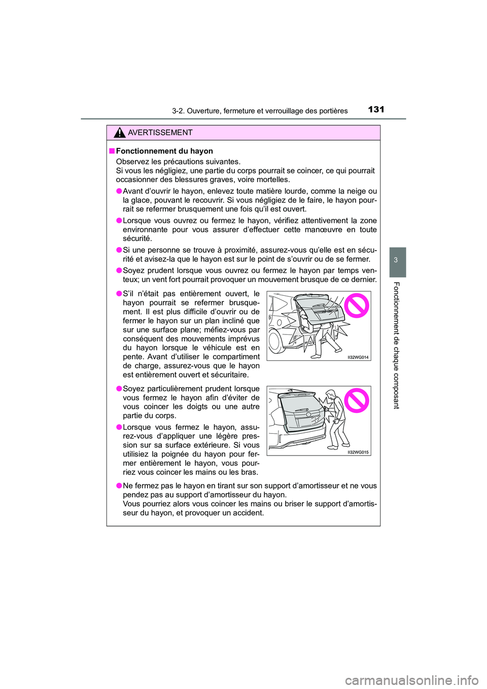 TOYOTA PRIUS V 2018  Manuel du propriétaire (in French) PRIUS v_OM_OM47B78D_(D)
1313-2. Ouverture, fermeture et verrouillage des portières
3
Fonctionnement de chaque composant
AVERTISSEMENT
■Fonctionnement du hayon
Observez les précautions suivantes. 
