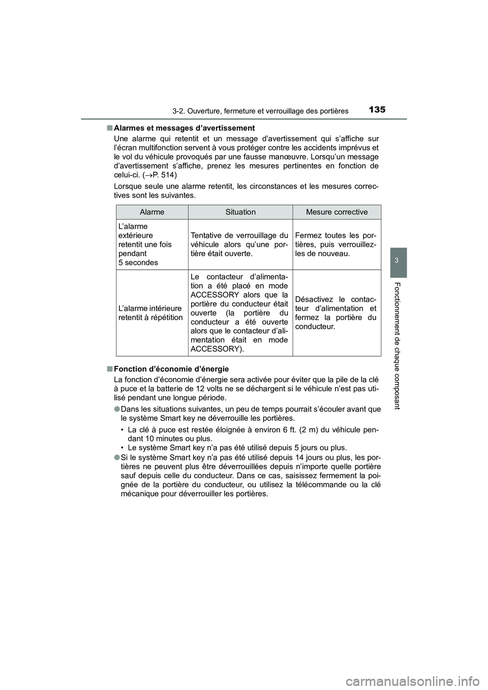 TOYOTA PRIUS V 2018  Manuel du propriétaire (in French) PRIUS v_OM_OM47B78D_(D)
1353-2. Ouverture, fermeture et verrouillage des portières
3
Fonctionnement de chaque composant
■Alarmes et messages d’avertissement
Une alarme qui retentit et un mess age