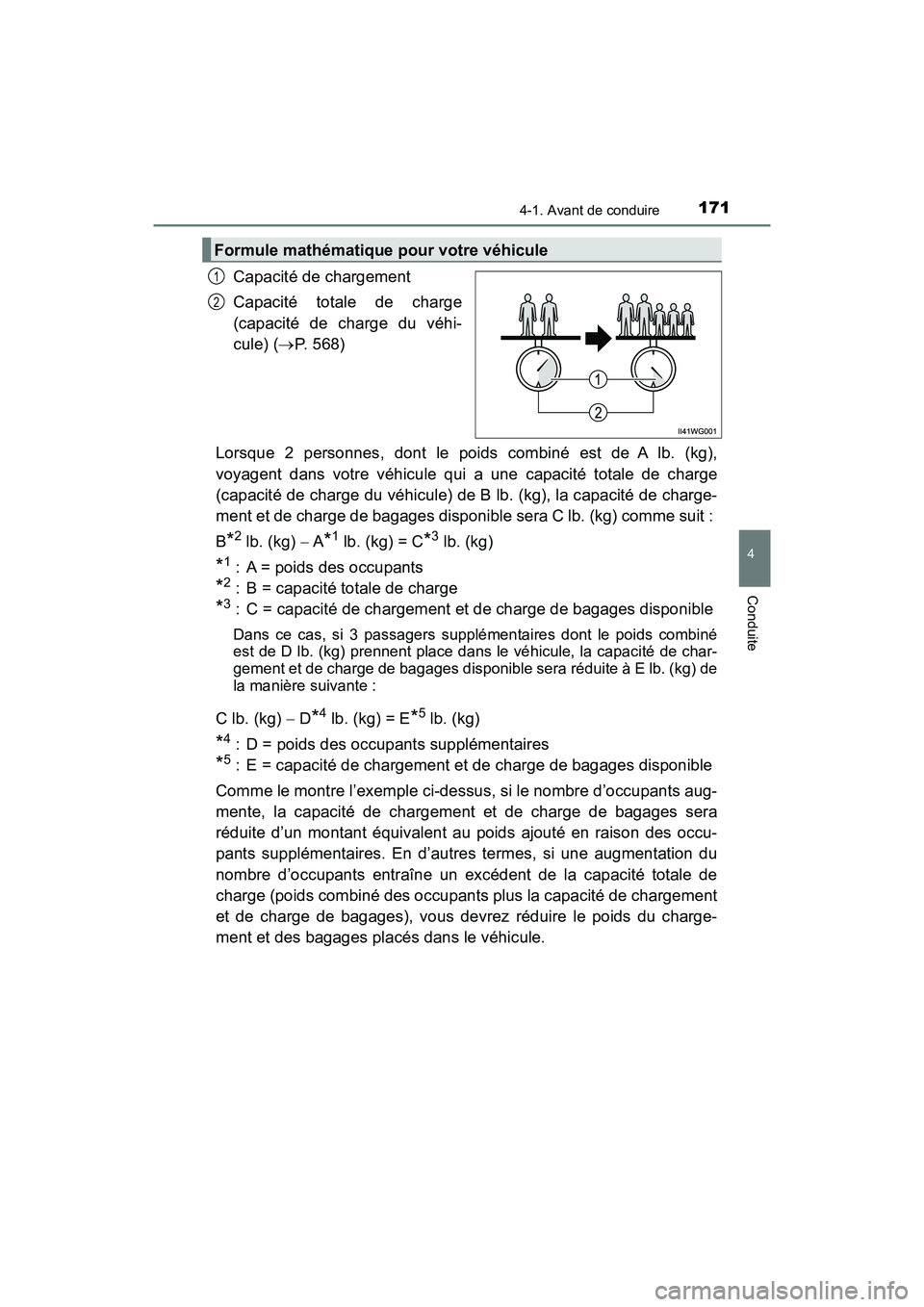 TOYOTA PRIUS V 2018 Manuel du propriétaire (in French) PRIUS v_OM_OM47B78D_(D)
1714-1. Avant de conduire
4
Conduite
Capacité de chargement
Capacité totale de charge
(capacité de charge du véhi-
cule) (P. 568)
Lorsque 2 personnes, dont le poids comb TOYOTA PRIUS V 2018 Manuel du propriétaire (in French) PRIUS v_OM_OM47B78D_(D)
1714-1. Avant de conduire
4
Conduite
Capacité de chargement
Capacité totale de charge
(capacité de charge du véhi-
cule) (P. 568)
Lorsque 2 personnes, dont le poids comb