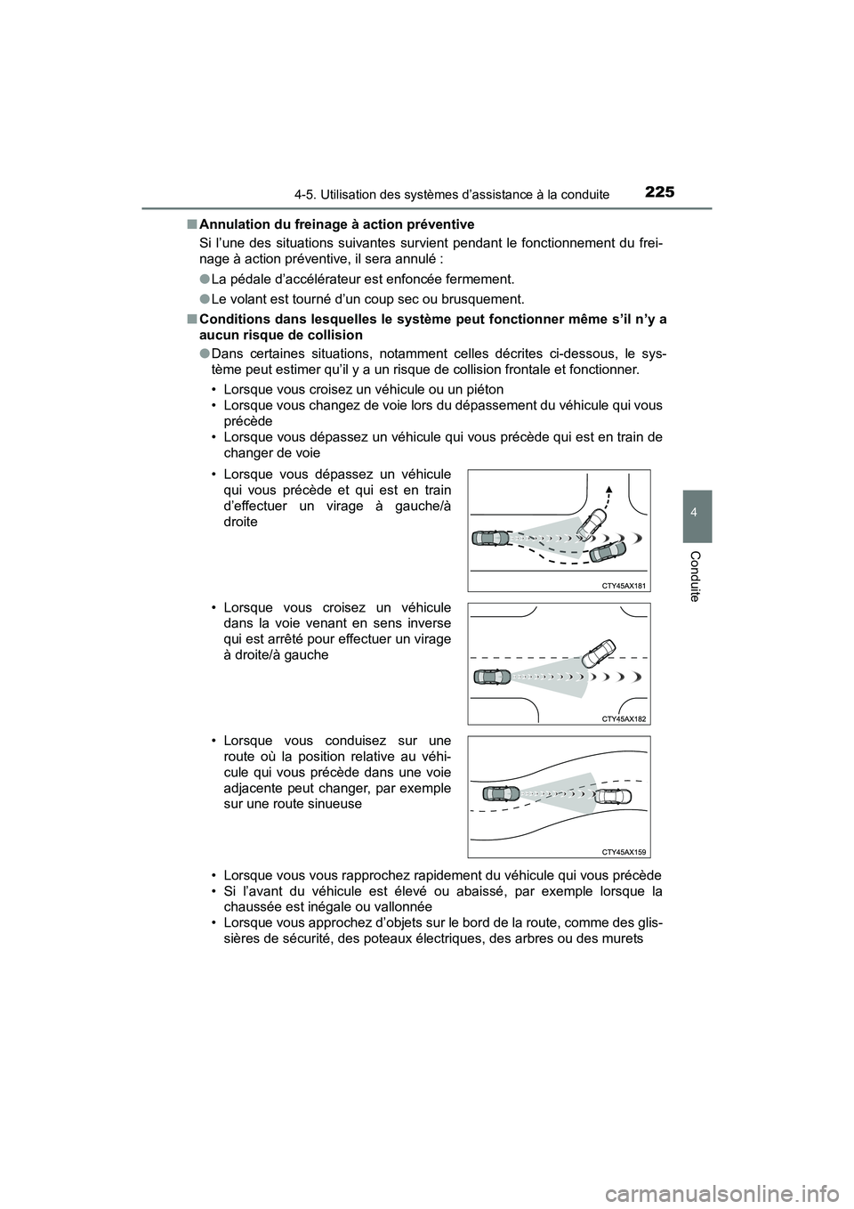 TOYOTA PRIUS V 2018 Manuel du propriétaire (in French) PRIUS v_OM_OM47B78D_(D)
2254-5. Utilisation des systèmes d’assistance à la conduite
4
Conduite
■Annulation du freinage à action préventive
Si l’une des situations suivantes survient pendant TOYOTA PRIUS V 2018 Manuel du propriétaire (in French) PRIUS v_OM_OM47B78D_(D)
2254-5. Utilisation des systèmes d’assistance à la conduite
4
Conduite
■Annulation du freinage à action préventive
Si l’une des situations suivantes survient pendant