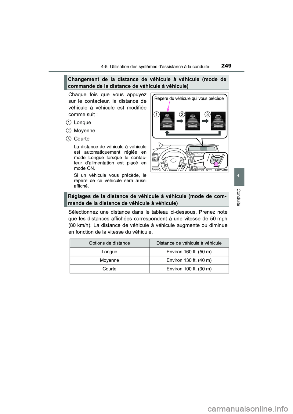 TOYOTA PRIUS V 2018 Manuel du propriétaire (in French) PRIUS v_OM_OM47B78D_(D)
2494-5. Utilisation des systèmes d’assistance à la conduite
4
Conduite
Chaque fois que vous appuyez
sur le contacteur, la distance de
véhicule à véhicule est modifiée
c TOYOTA PRIUS V 2018 Manuel du propriétaire (in French) PRIUS v_OM_OM47B78D_(D)
2494-5. Utilisation des systèmes d’assistance à la conduite
4
Conduite
Chaque fois que vous appuyez
sur le contacteur, la distance de
véhicule à véhicule est modifiée
c