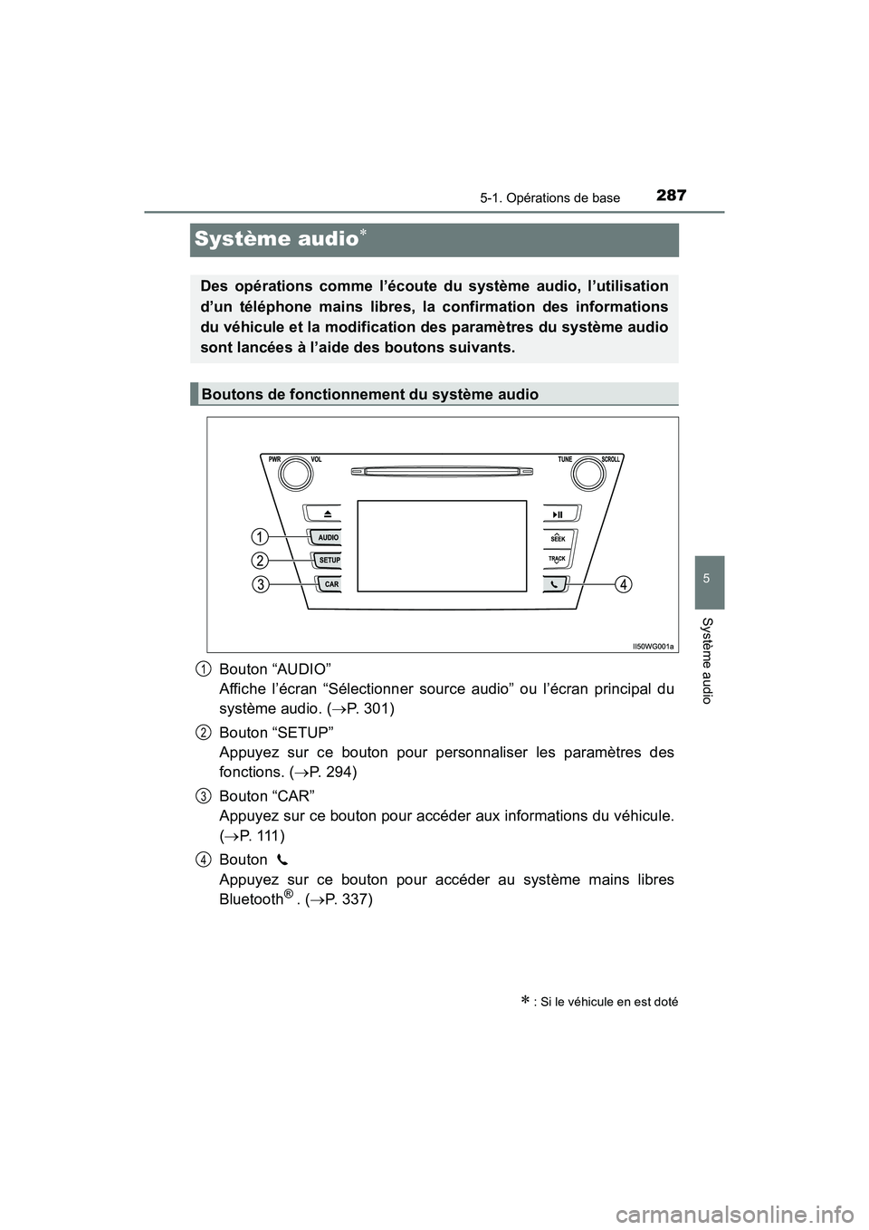 TOYOTA PRIUS V 2018 Manuel du propriétaire (in French) 287
PRIUS v_OM_OM47B78D_(D)
5-1. Opérations de base
5
Système audio
Système audio
Bouton “AUDIO”
Affiche l’écran “Sélectionner source audio” ou l’écran principal du
système audi TOYOTA PRIUS V 2018 Manuel du propriétaire (in French) 287
PRIUS v_OM_OM47B78D_(D)
5-1. Opérations de base
5
Système audio
Système audio
Bouton “AUDIO”
Affiche l’écran “Sélectionner source audio” ou l’écran principal du
système audi