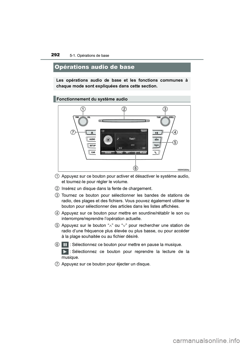 TOYOTA PRIUS V 2018 Manuel du propriétaire (in French) 292
PRIUS v_OM_OM47B78D_(D)
5-1. Opérations de base
Opérations audio de base
Appuyez sur ce bouton pour activer et désactiver le système audio,
et tournez-le pour régler le volume.
Insérez un di TOYOTA PRIUS V 2018 Manuel du propriétaire (in French) 292
PRIUS v_OM_OM47B78D_(D)
5-1. Opérations de base
Opérations audio de base
Appuyez sur ce bouton pour activer et désactiver le système audio,
et tournez-le pour régler le volume.
Insérez un di