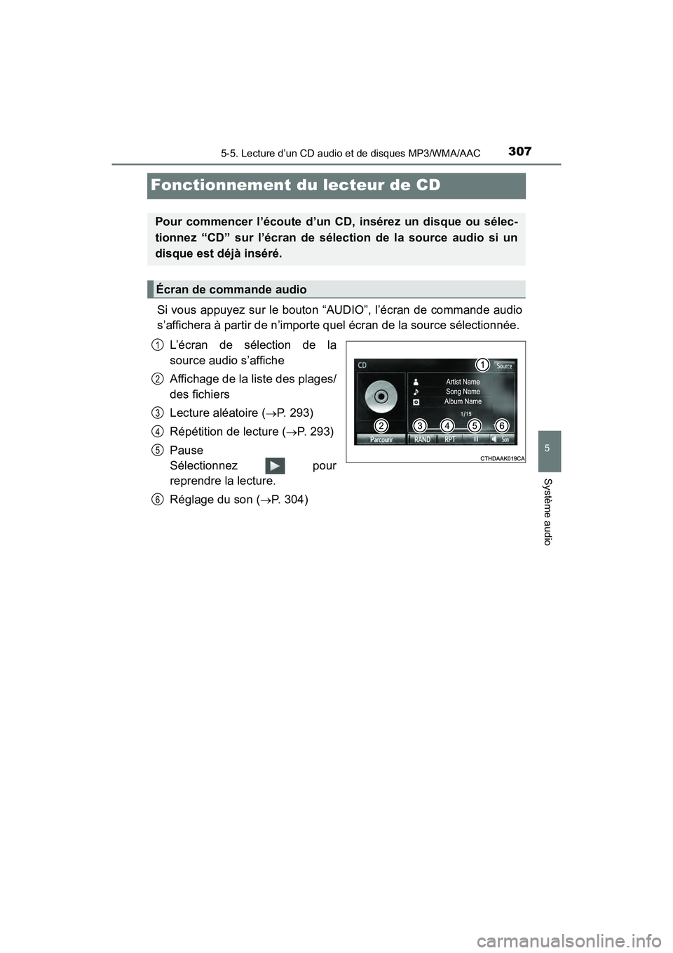 TOYOTA PRIUS V 2018  Manuel du propriétaire (in French) 307
PRIUS v_OM_OM47B78D_(D)
5-5. Lecture d’un CD audio et de disques MP3/WMA/AAC
5
Système audio
Fonctionnement du lecteur de CD
Si vous appuyez sur le bouton “AUDIO”, l’écran de commande au