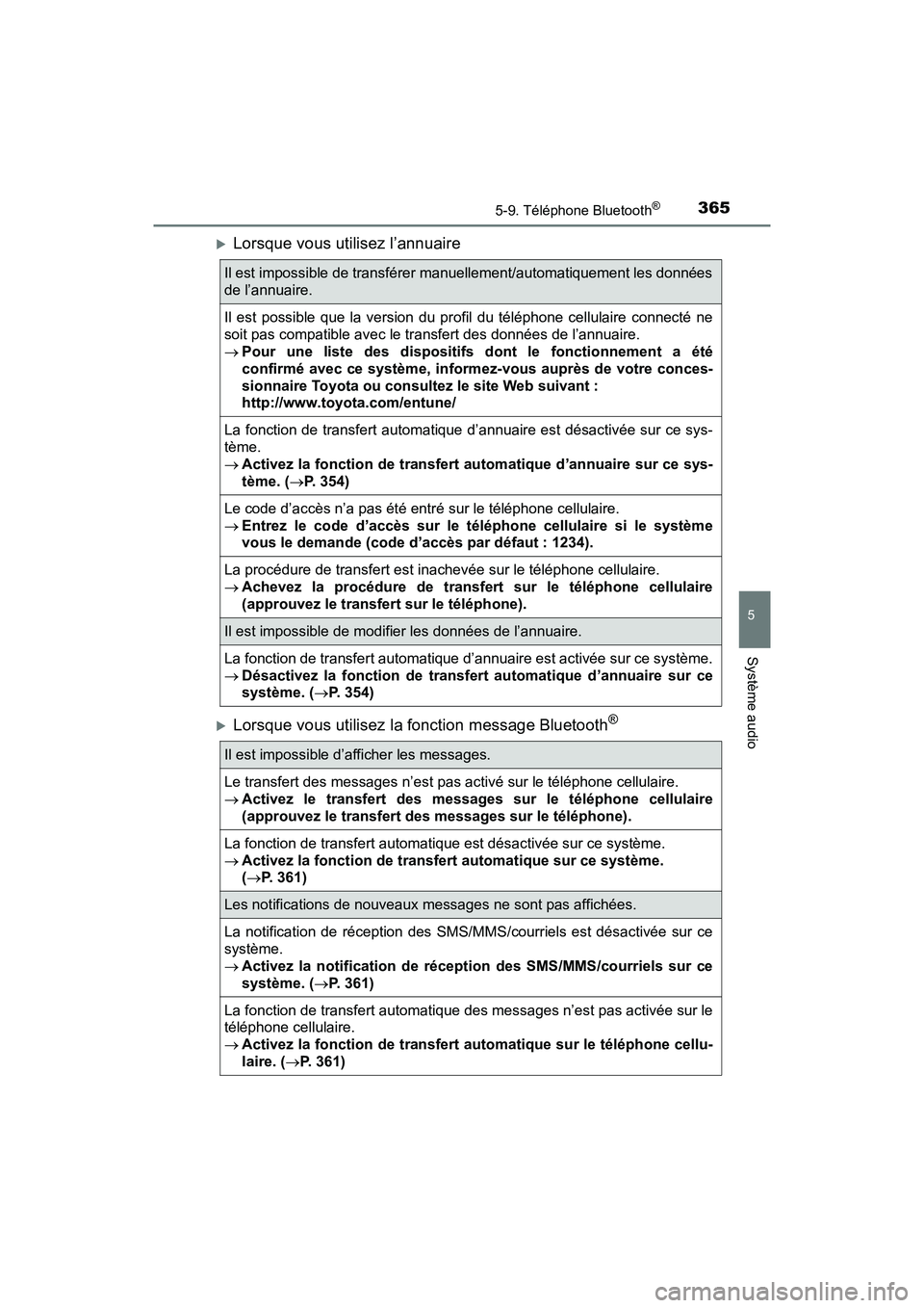 TOYOTA PRIUS V 2018  Manuel du propriétaire (in French) PRIUS v_OM_OM47B78D_(D)
3655-9. Téléphone Bluetooth®
5
Système audio
Lorsque vous utilisez l’annuaire
Lorsque vous utilisez la fonction message Bluetooth®
Il est impossible de transférer
