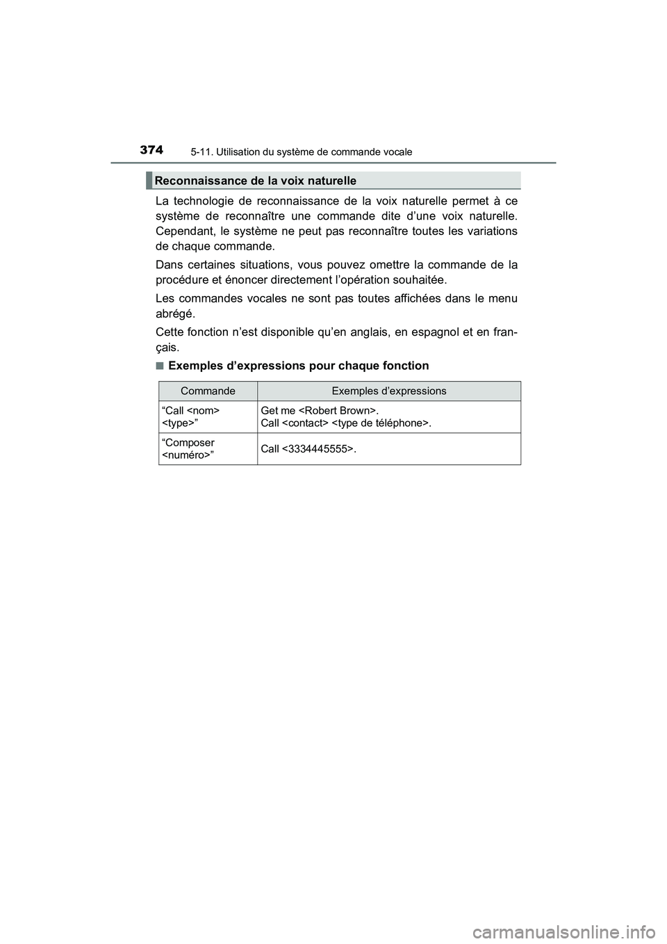 TOYOTA PRIUS V 2018 Manuel du propriétaire (in French) 3745-11. Utilisation du système de commande vocale
PRIUS v_OM_OM47B78D_(D)
La technologie de reconnaissance de la voix naturelle permet à ce
système de reconnaître une commande dite d’une voix n TOYOTA PRIUS V 2018 Manuel du propriétaire (in French) 3745-11. Utilisation du système de commande vocale
PRIUS v_OM_OM47B78D_(D)
La technologie de reconnaissance de la voix naturelle permet à ce
système de reconnaître une commande dite d’une voix n