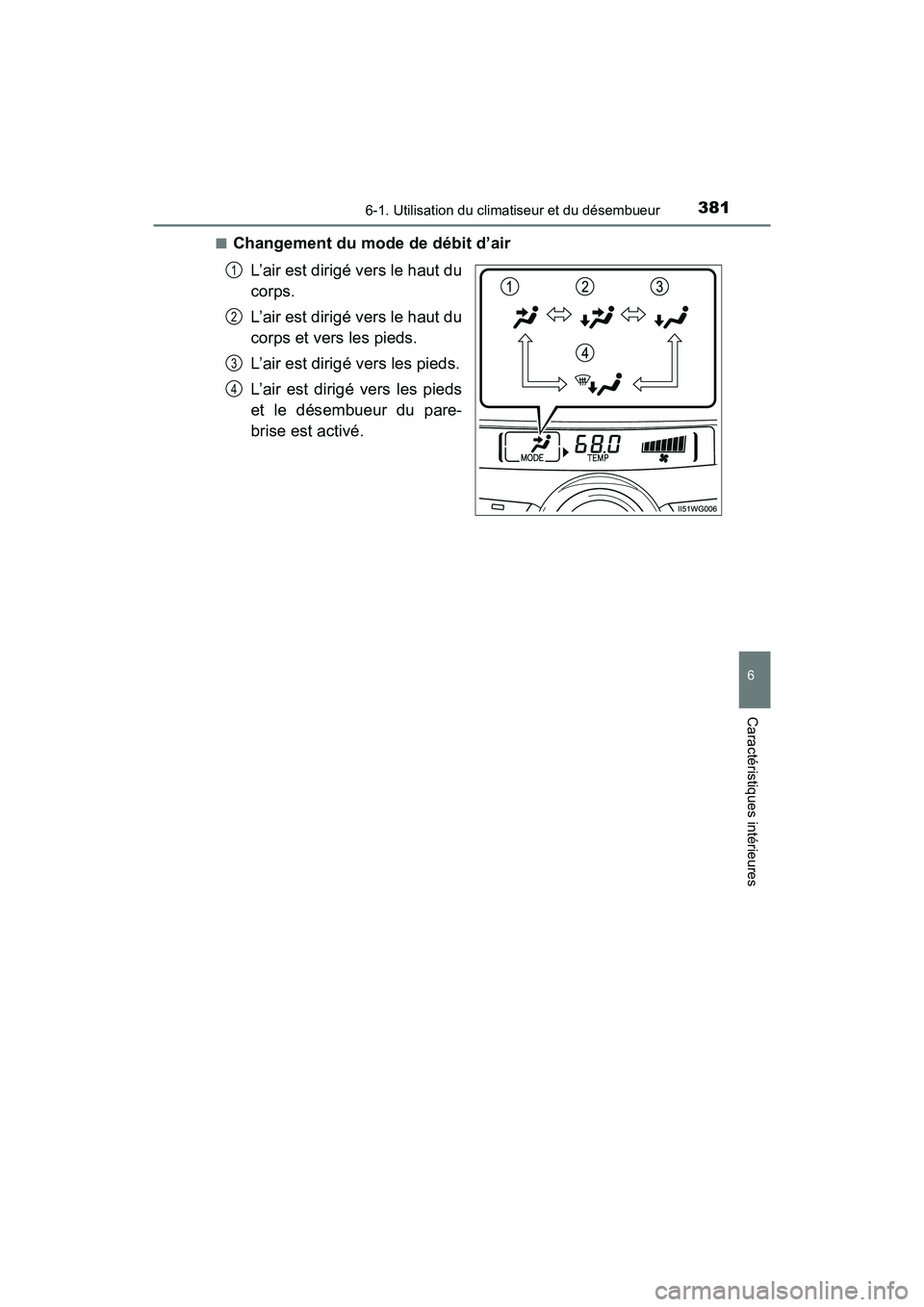 TOYOTA PRIUS V 2018 Manuel du propriétaire (in French) PRIUS v_OM_OM47B78D_(D)
3816-1. Utilisation du climatiseur et du désembueur
6
Caractéristiques intérieures
■Changement du mode de débit d’airL’air est dirigé vers le haut du
corps.
L’air TOYOTA PRIUS V 2018 Manuel du propriétaire (in French) PRIUS v_OM_OM47B78D_(D)
3816-1. Utilisation du climatiseur et du désembueur
6
Caractéristiques intérieures
■Changement du mode de débit d’airL’air est dirigé vers le haut du
corps.
L’air