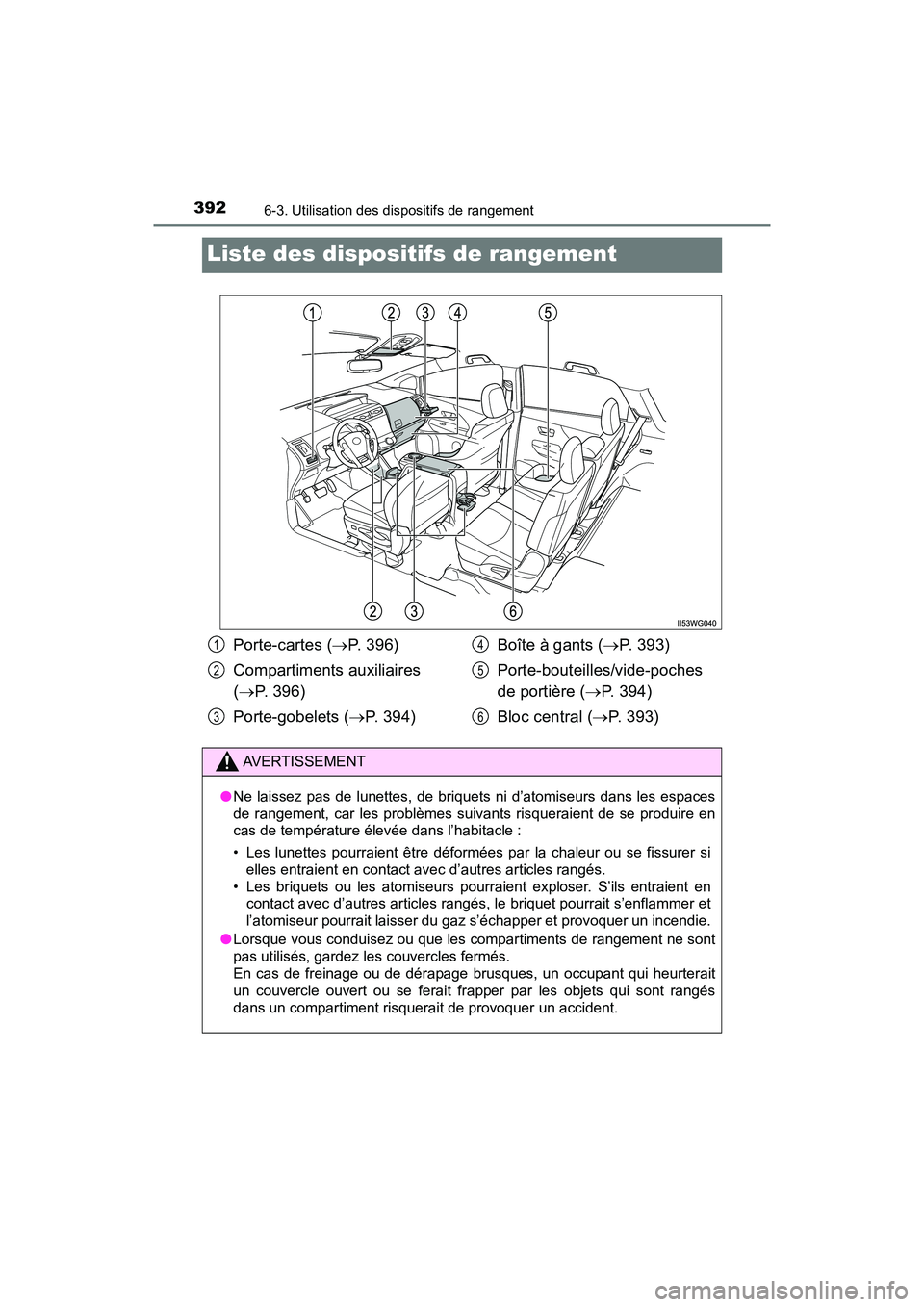 TOYOTA PRIUS V 2018 Manuel du propriétaire (in French) 392
PRIUS v_OM_OM47B78D_(D)
6-3. Utilisation des dispositifs de rangement
Liste des dispositifs de rangement
Porte-cartes (P. 396)
Compartiments auxiliaires
( P. 396)
Porte-gobelets ( P. 394 TOYOTA PRIUS V 2018 Manuel du propriétaire (in French) 392
PRIUS v_OM_OM47B78D_(D)
6-3. Utilisation des dispositifs de rangement
Liste des dispositifs de rangement
Porte-cartes (P. 396)
Compartiments auxiliaires
( P. 396)
Porte-gobelets ( P. 394