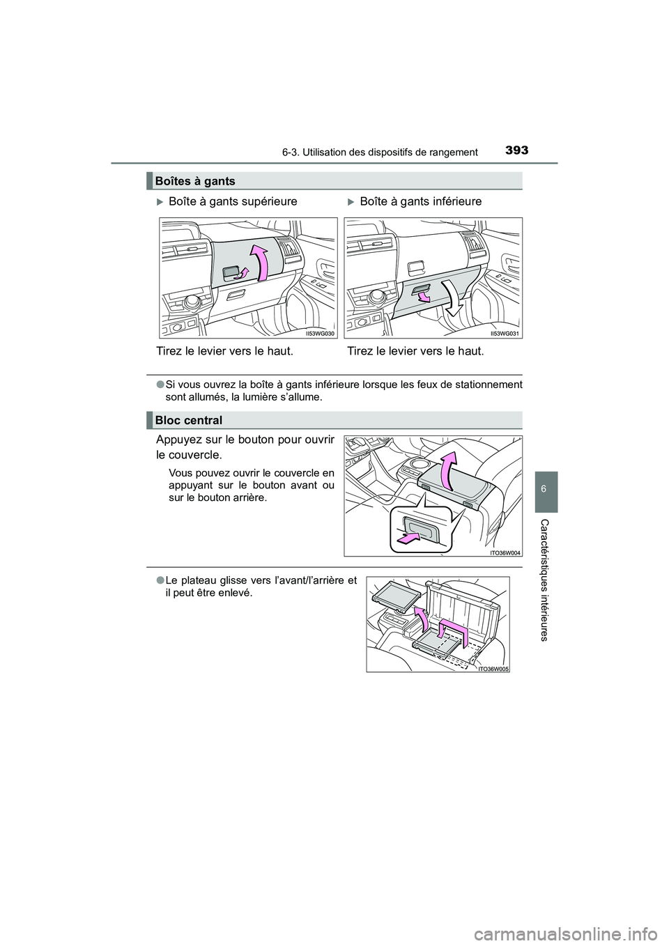 TOYOTA PRIUS V 2018  Manuel du propriétaire (in French) PRIUS v_OM_OM47B78D_(D)
3936-3. Utilisation des dispositifs de rangement
6
Caractéristiques intérieures
●Si vous ouvrez la boîte à gants inférieure lorsque les feux de stationnement
sont allum