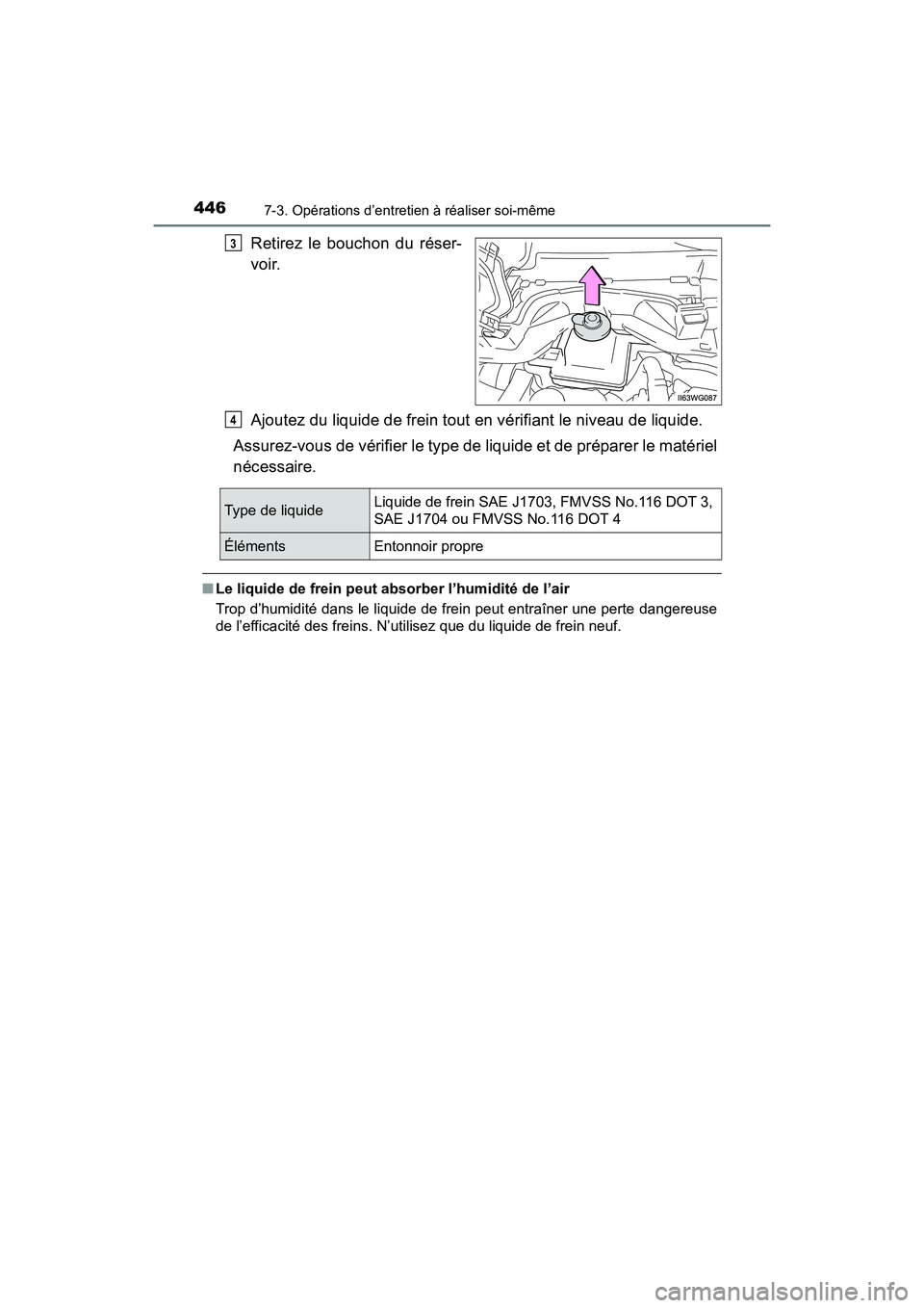 TOYOTA PRIUS V 2018 Manuel du propriétaire (in French) 446
PRIUS v_OM_OM47B78D_(D)
7-3. Opérations d’entretien à réaliser soi-même
Retirez le bouchon du réser-
voir.
Ajoutez du liquide de frein tout en vérifiant le niveau de liquide.
Assurez-vous TOYOTA PRIUS V 2018 Manuel du propriétaire (in French) 446
PRIUS v_OM_OM47B78D_(D)
7-3. Opérations d’entretien à réaliser soi-même
Retirez le bouchon du réser-
voir.
Ajoutez du liquide de frein tout en vérifiant le niveau de liquide.
Assurez-vous