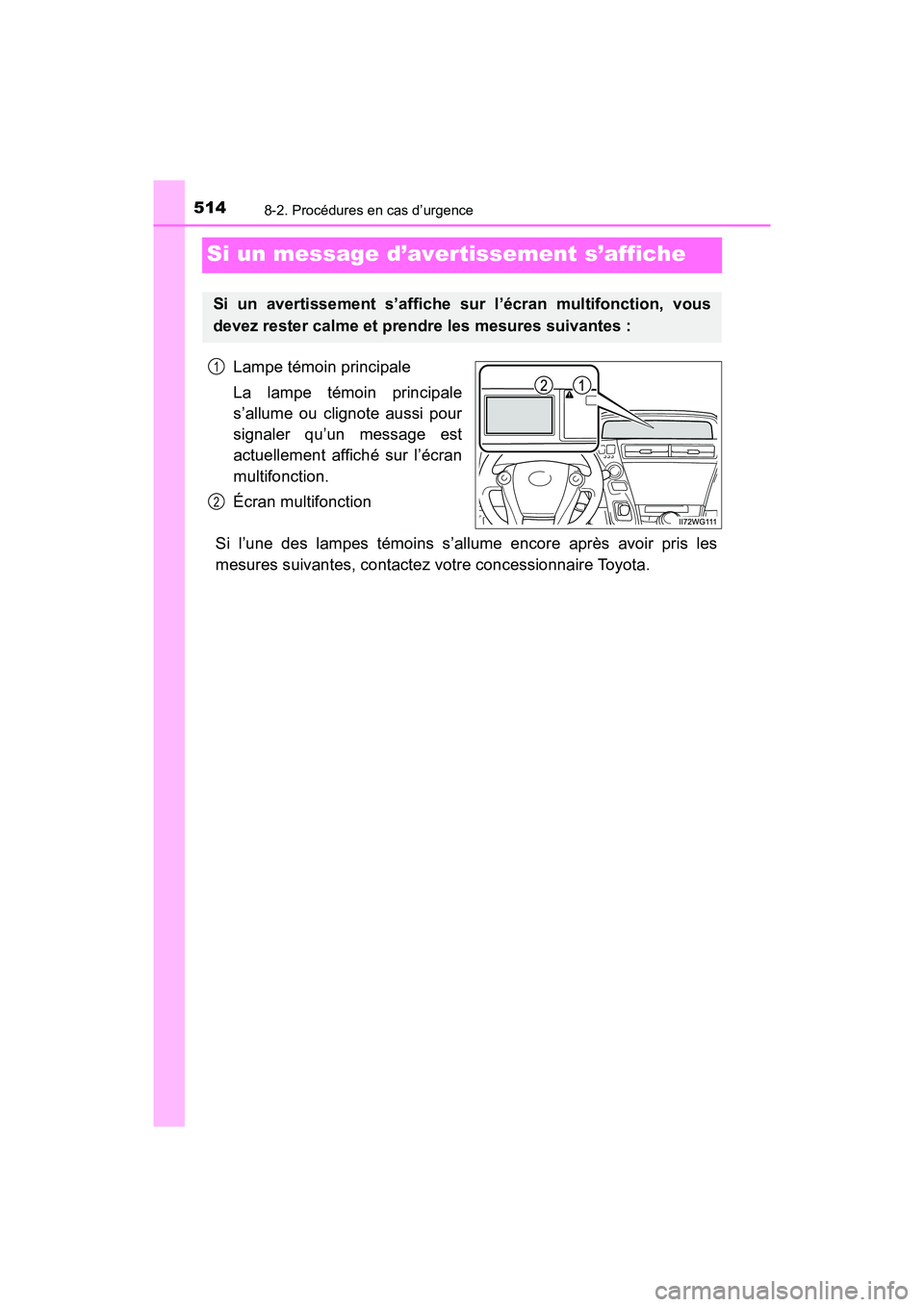 TOYOTA PRIUS V 2018  Manuel du propriétaire (in French) 514
PRIUS v_OM_OM47B78D_(D)
8-2. Procédures en cas d’urgence
Si un message d’avertissement s’affiche
Lampe témoin principale
La lampe témoin principale
s’allume ou clignote aussi pour
signa