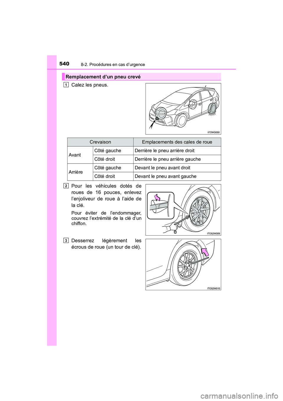 TOYOTA PRIUS V 2018 Manuel du propriétaire (in French) 5408-2. Procédures en cas d’urgence
PRIUS v_OM_OM47B78D_(D)
Calez les pneus.
Pour les véhicules dotés de
roues de 16 pouces, enlevez
l’enjoliveur de roue à l’aide de
la clé.
Pour éviter de TOYOTA PRIUS V 2018 Manuel du propriétaire (in French) 5408-2. Procédures en cas d’urgence
PRIUS v_OM_OM47B78D_(D)
Calez les pneus.
Pour les véhicules dotés de
roues de 16 pouces, enlevez
l’enjoliveur de roue à l’aide de
la clé.
Pour éviter de