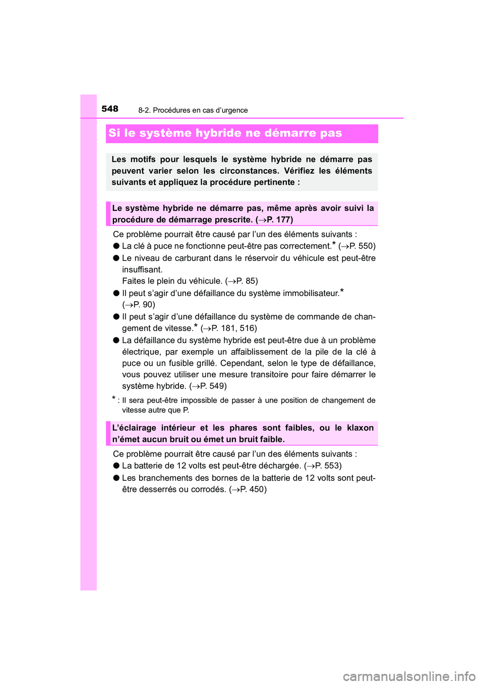 TOYOTA PRIUS V 2018 Manuel du propriétaire (in French) 548
PRIUS v_OM_OM47B78D_(D)
8-2. Procédures en cas d’urgence
Si le système hybride ne démarre pas
Ce problème pourrait être causé par l’un des éléments suivants :
●La clé à puce ne fon TOYOTA PRIUS V 2018 Manuel du propriétaire (in French) 548
PRIUS v_OM_OM47B78D_(D)
8-2. Procédures en cas d’urgence
Si le système hybride ne démarre pas
Ce problème pourrait être causé par l’un des éléments suivants :
●La clé à puce ne fon