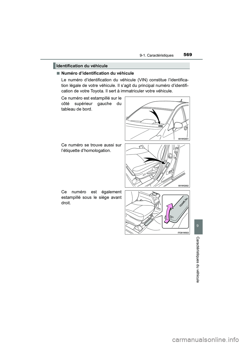 TOYOTA PRIUS V 2018 Manuel du propriétaire (in French) PRIUS v_OM_OM47B78D_(D)
5699-1. Caractéristiques
9
Caractéristiques du véhicule
■Numéro d’identification du véhicule
Le numéro d’identification du véhicule (VIN) constitue l’identifica- TOYOTA PRIUS V 2018 Manuel du propriétaire (in French) PRIUS v_OM_OM47B78D_(D)
5699-1. Caractéristiques
9
Caractéristiques du véhicule
■Numéro d’identification du véhicule
Le numéro d’identification du véhicule (VIN) constitue l’identifica-