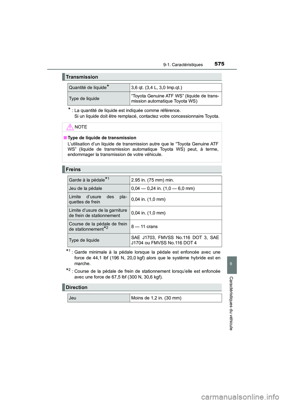 TOYOTA PRIUS V 2018 Manuel du propriétaire (in French) PRIUS v_OM_OM47B78D_(D)
5759-1. Caractéristiques
9
Caractéristiques du véhicule
* : La quantité de liquide est indiquée comme référence. Si un liquide doit être remplacé, contactez votre conc TOYOTA PRIUS V 2018 Manuel du propriétaire (in French) PRIUS v_OM_OM47B78D_(D)
5759-1. Caractéristiques
9
Caractéristiques du véhicule
* : La quantité de liquide est indiquée comme référence. Si un liquide doit être remplacé, contactez votre conc
