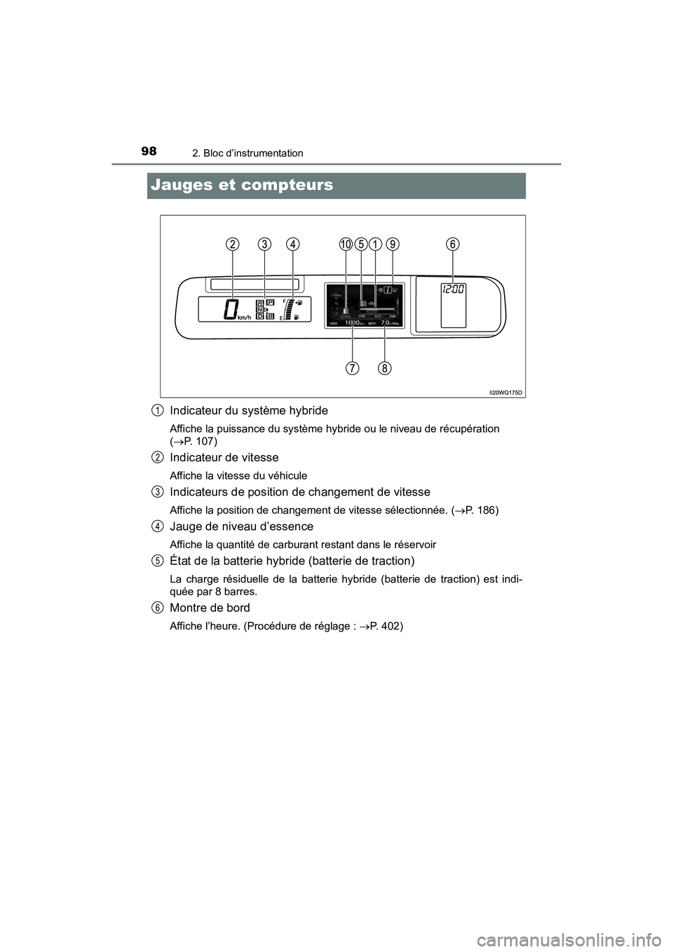 TOYOTA PRIUS V 2018 Manuel du propriétaire (in French) 98
PRIUS v_OM_OM47B78D_(D)
2. Bloc d’instrumentation
Jauges et compteurs
Indicateur du système hybride
Affiche la puissance du système hybride ou le niveau de récupération
(P. 107)
Indicateu TOYOTA PRIUS V 2018 Manuel du propriétaire (in French) 98
PRIUS v_OM_OM47B78D_(D)
2. Bloc d’instrumentation
Jauges et compteurs
Indicateur du système hybride
Affiche la puissance du système hybride ou le niveau de récupération
(P. 107)
Indicateu
