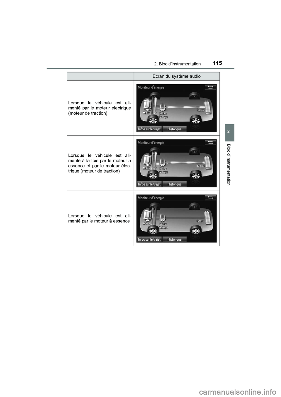 TOYOTA PRIUS V 2017  Manuel du propriétaire (in French) PRIUS v_OM_OM47B23D_(D)
1152. Bloc d’instrumentation
2
Bloc d’instrumentation
Écran du système audio
Lorsque le véhicule est ali-
menté par le moteur électrique
(moteur de traction)
Lorsque l