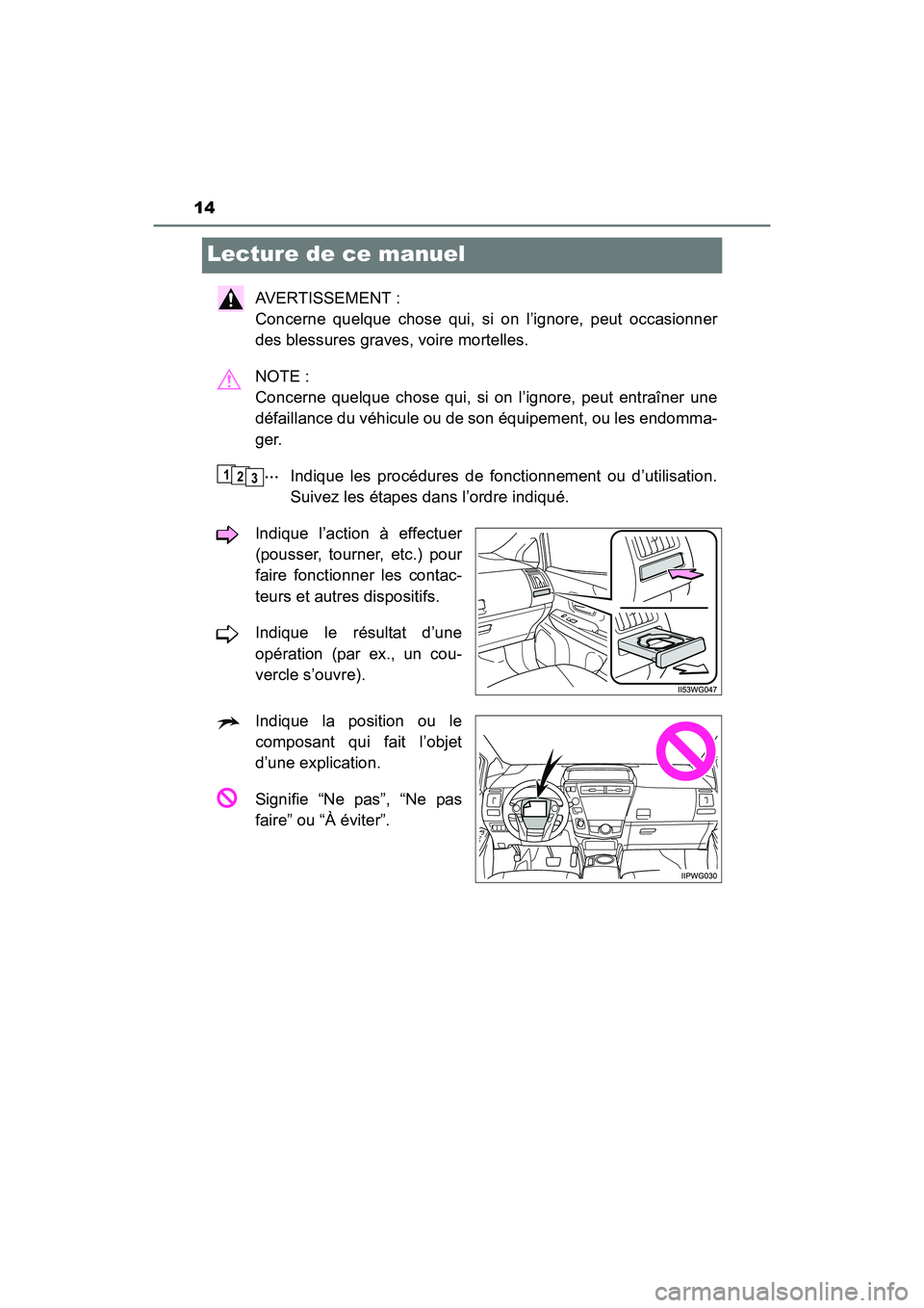 TOYOTA PRIUS V 2017 Manuel du propriétaire (in French) 14
PRIUS v_OM_OM47B23D_(D)
Lecture de ce manuel
AVERTISSEMENT :
Concerne quelque chose qui, si on l’ignore, peut occasionner
des blessures graves, voire mortelles.
NOTE :
Concerne quelque chose qu TOYOTA PRIUS V 2017 Manuel du propriétaire (in French) 14
PRIUS v_OM_OM47B23D_(D)
Lecture de ce manuel
AVERTISSEMENT :
Concerne quelque chose qui, si on l’ignore, peut occasionner
des blessures graves, voire mortelles.
NOTE :
Concerne quelque chose qu