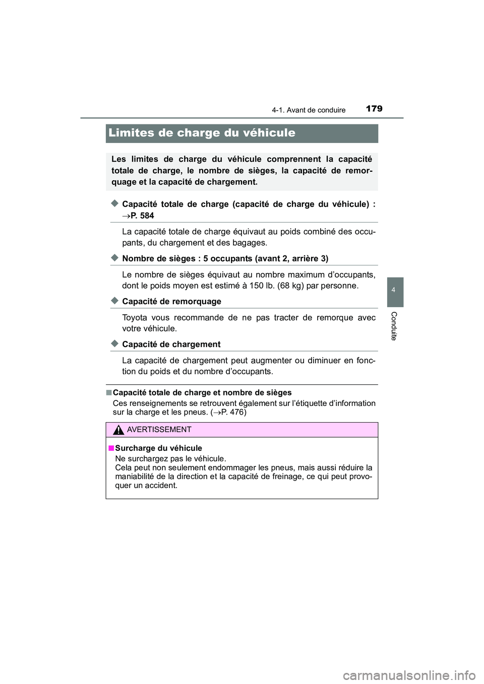 TOYOTA PRIUS V 2017 Manuel du propriétaire (in French) 179
PRIUS v_OM_OM47B23D_(D)
4-1. Avant de conduire
4
Conduite
Limites de charge du véhicule
◆Capacité totale de charge (capacité de charge du véhicule) :
→P. 5 8 4
La capacité totale de char TOYOTA PRIUS V 2017 Manuel du propriétaire (in French) 179
PRIUS v_OM_OM47B23D_(D)
4-1. Avant de conduire
4
Conduite
Limites de charge du véhicule
◆Capacité totale de charge (capacité de charge du véhicule) :
→P. 5 8 4
La capacité totale de char