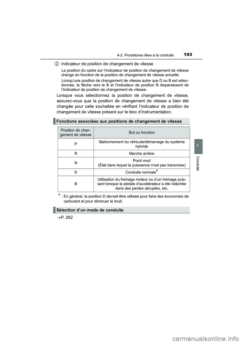 TOYOTA PRIUS V 2017 Manuel du propriétaire (in French) PRIUS v_OM_OM47B23D_(D)
1934-2. Procédures liées à la conduite
4
Conduite
Indicateur de position de changement de vitesse
La position du cadre sur l’indicateur de position de changement de vitess TOYOTA PRIUS V 2017 Manuel du propriétaire (in French) PRIUS v_OM_OM47B23D_(D)
1934-2. Procédures liées à la conduite
4
Conduite
Indicateur de position de changement de vitesse
La position du cadre sur l’indicateur de position de changement de vitess